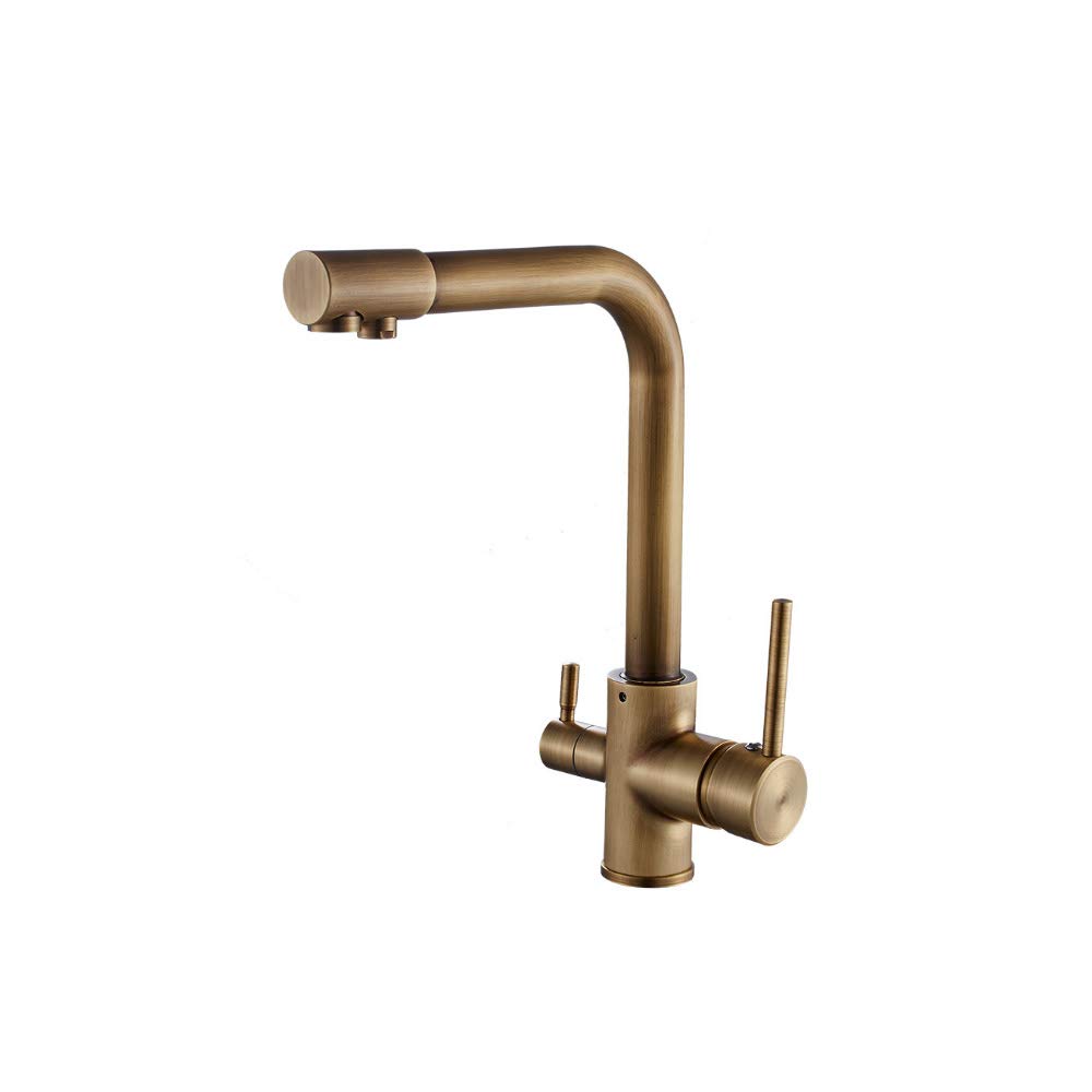 Modern Dual Handle Kitchen Sink Faucet with Built-in Water Filter - Antique Brass Swivel Spout for Bar & Prep Sinks - Perfect for Farmhouse, Vintage & Rustic Kitchen Decor