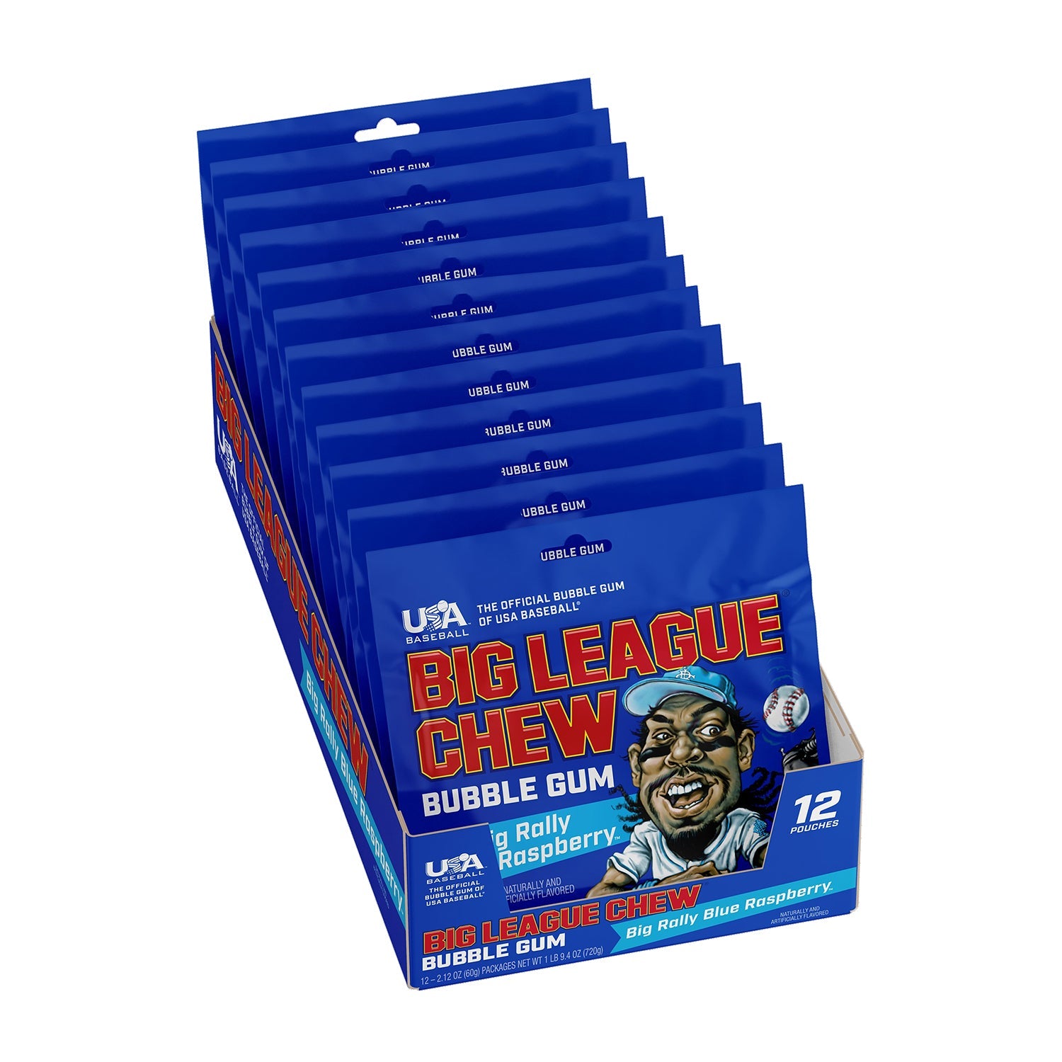Big League Chew Blue Raspberry Bubble Gum - 2.12oz (12 Pack) | Bulk Candy for Baseball Games, Parties & Snacking