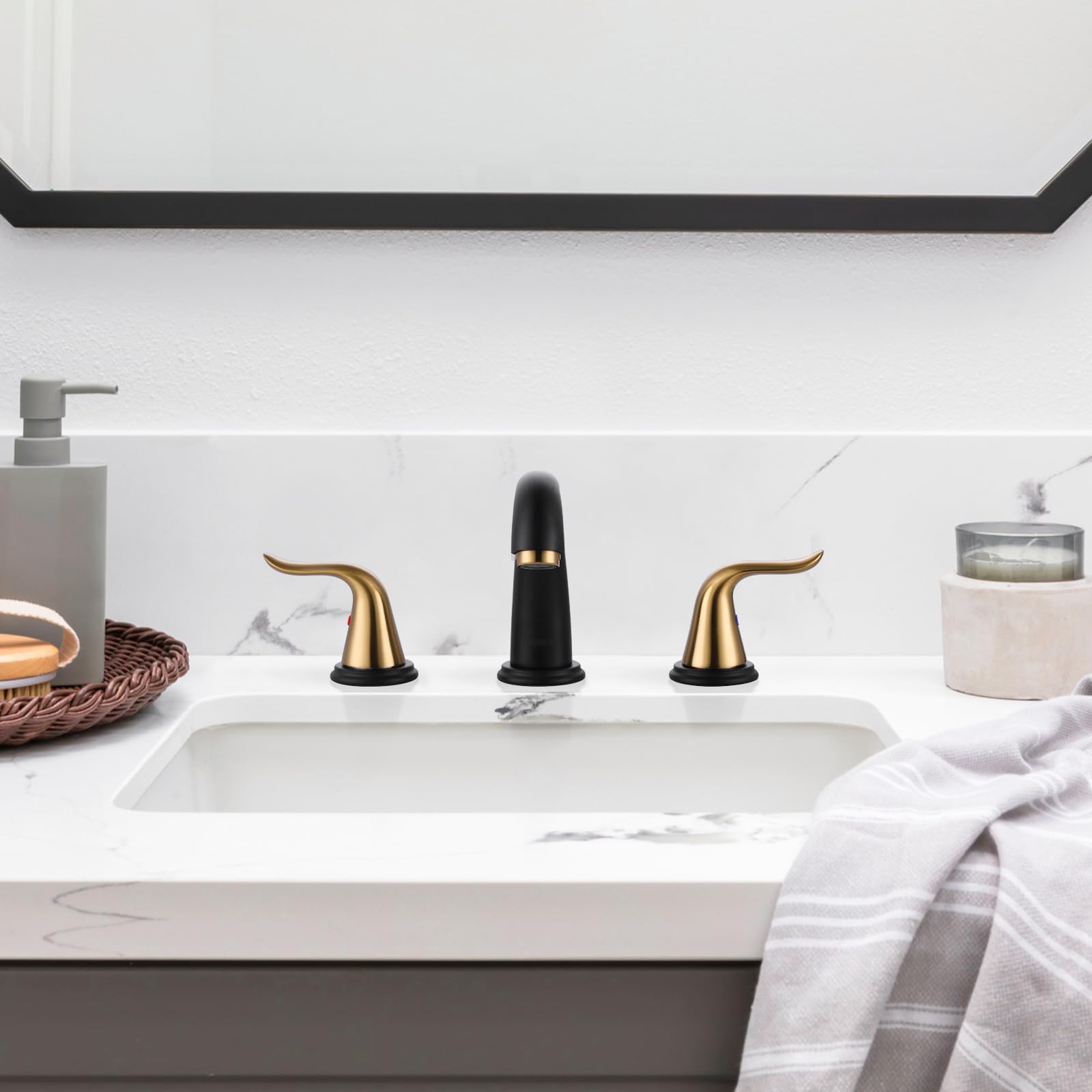 WOWOW Black and Gold 8-Inch Widespread Bathroom Sink Faucet - 3 Hole Vanity Faucet with 2 Handles, Pop-Up Drain & Supply Hose - Perfect for Modern Bathroom Renovation & Luxury Home Decor