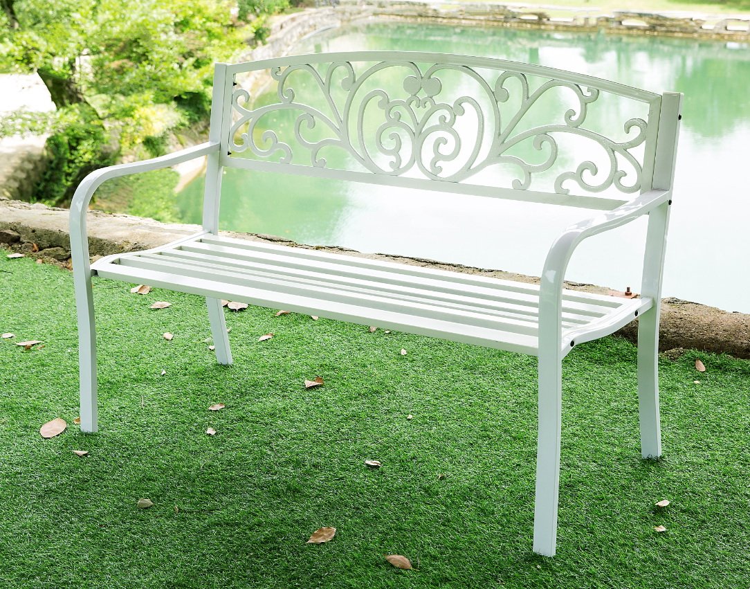 Hi-Line Gift 78651-WT 50-Inch White Scroll Backrest Garden Bench - Perfect for Outdoor Patio, Porch, and Garden Decor