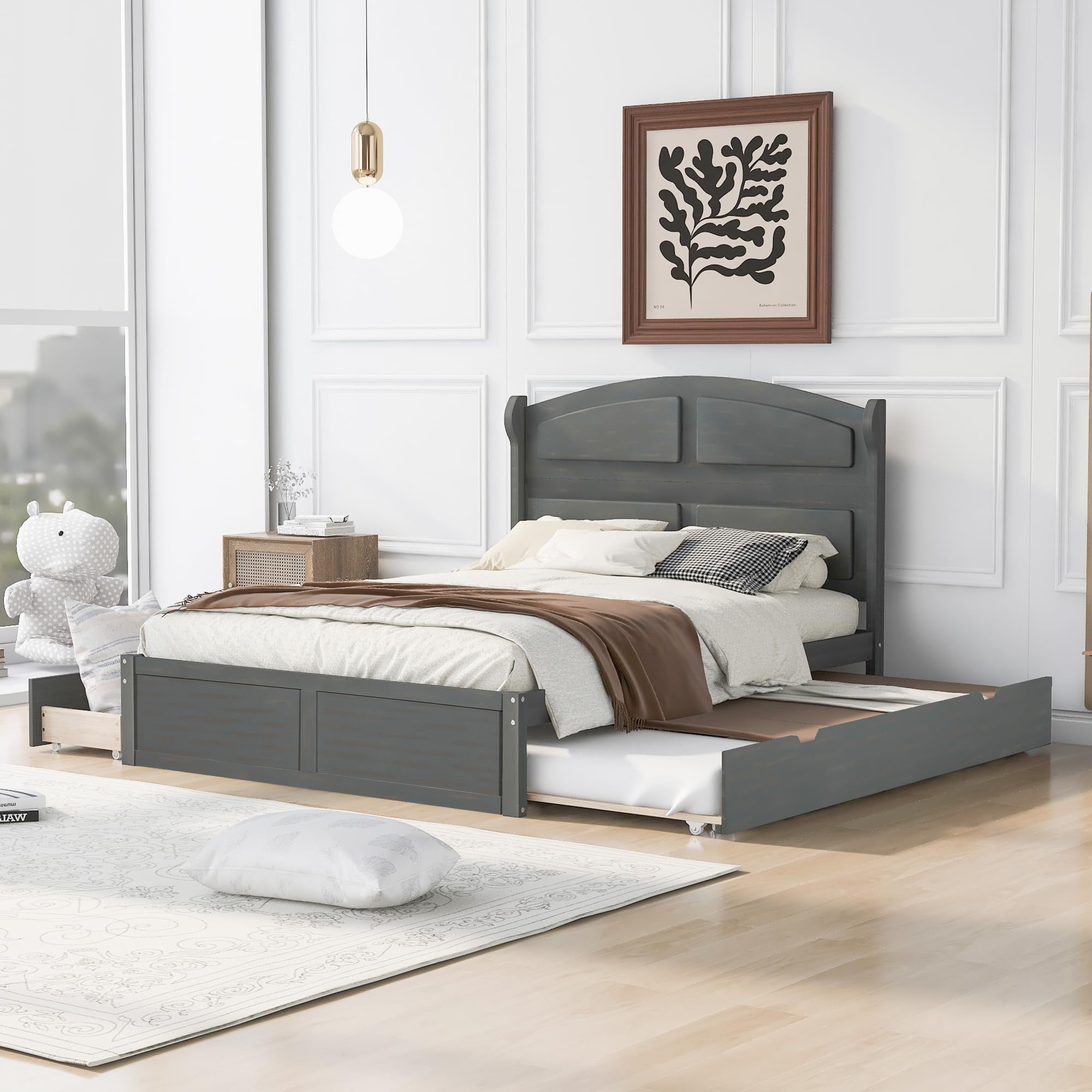 **Queen Size Wood Platform Bed with Twin Trundle & 2 Drawers - Sturdy Wooden Slat Support for Kids, Teens, Boys & Girls - No Box Spring Needed (Gray) - Perfect for Small Bedrooms, Guest Rooms & Kids' Rooms**