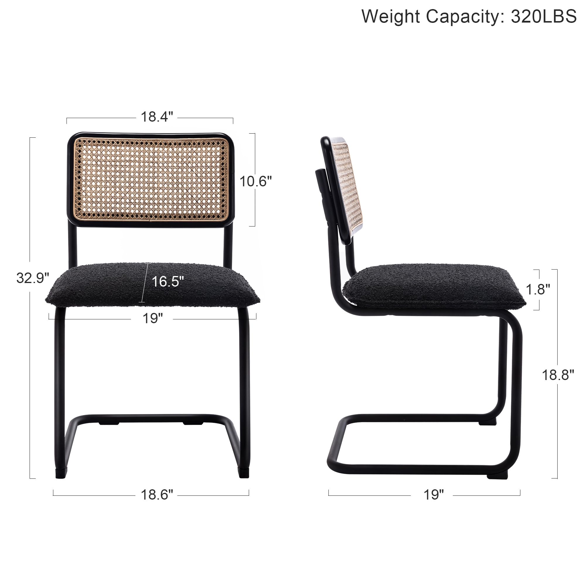ONEVOG Set of 2 Modern Boucle Dining Chairs - Upholstered Cane Chairs with Natural Rattan Back & Sturdy Metal Frame - Comfortable Accent Chairs for Dining Room, Kitchen or Living Room Decor - Perfect for Small Spaces & Modern Home Interiors (Black)