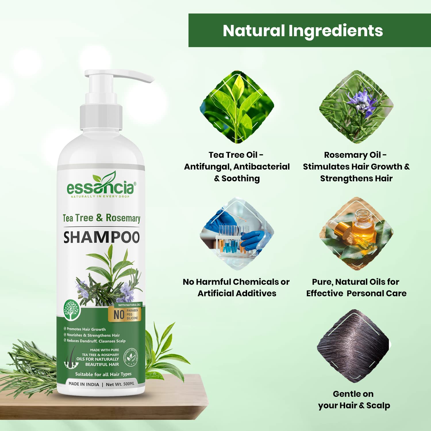 Essencia Tea Tree & Rosemary Oil Shampoo for Dandruff Control & Hair Growth - Sulfate Free, Paraben Free, Silicone Free Formula (500ml) | Gentle Daily Use for Men & Women | Perfect for Scalp Care & Thicker Hair