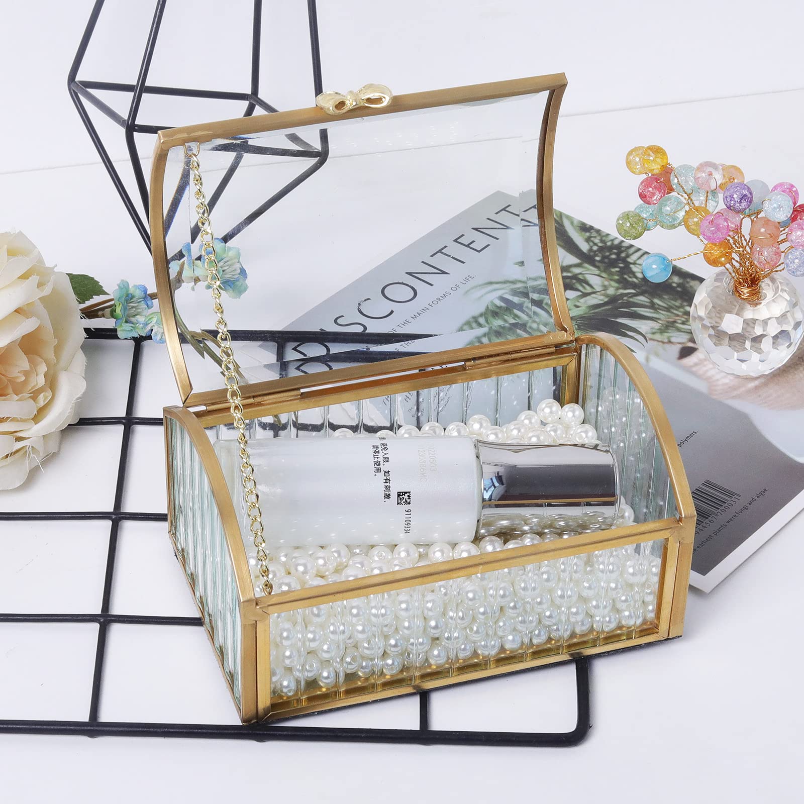 LONGSHENG Gold Jewelry Trinket Box - Glass Decorative Storage Box for Bracelets, Necklaces, Rings & Watches - Large Cosmetic Organizer for Vanity, Dresser & Travel Since 2001