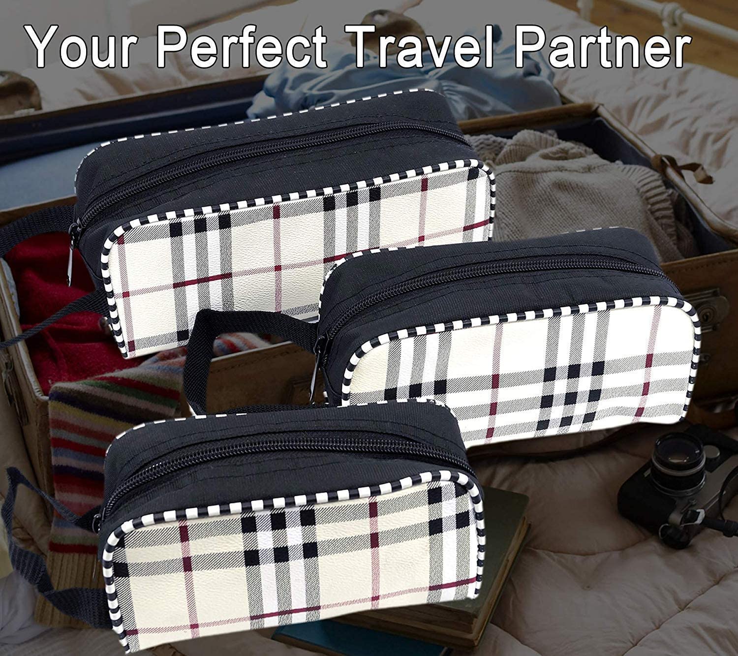 Flywind Set of 3 Waterproof Travel Toiletry Organizer Bags - Cosmetic Makeup Pouch Kit for Women & Men (Checks Print) - Perfect for Airplane, Gym, Camping & Vacation Essentials Storage