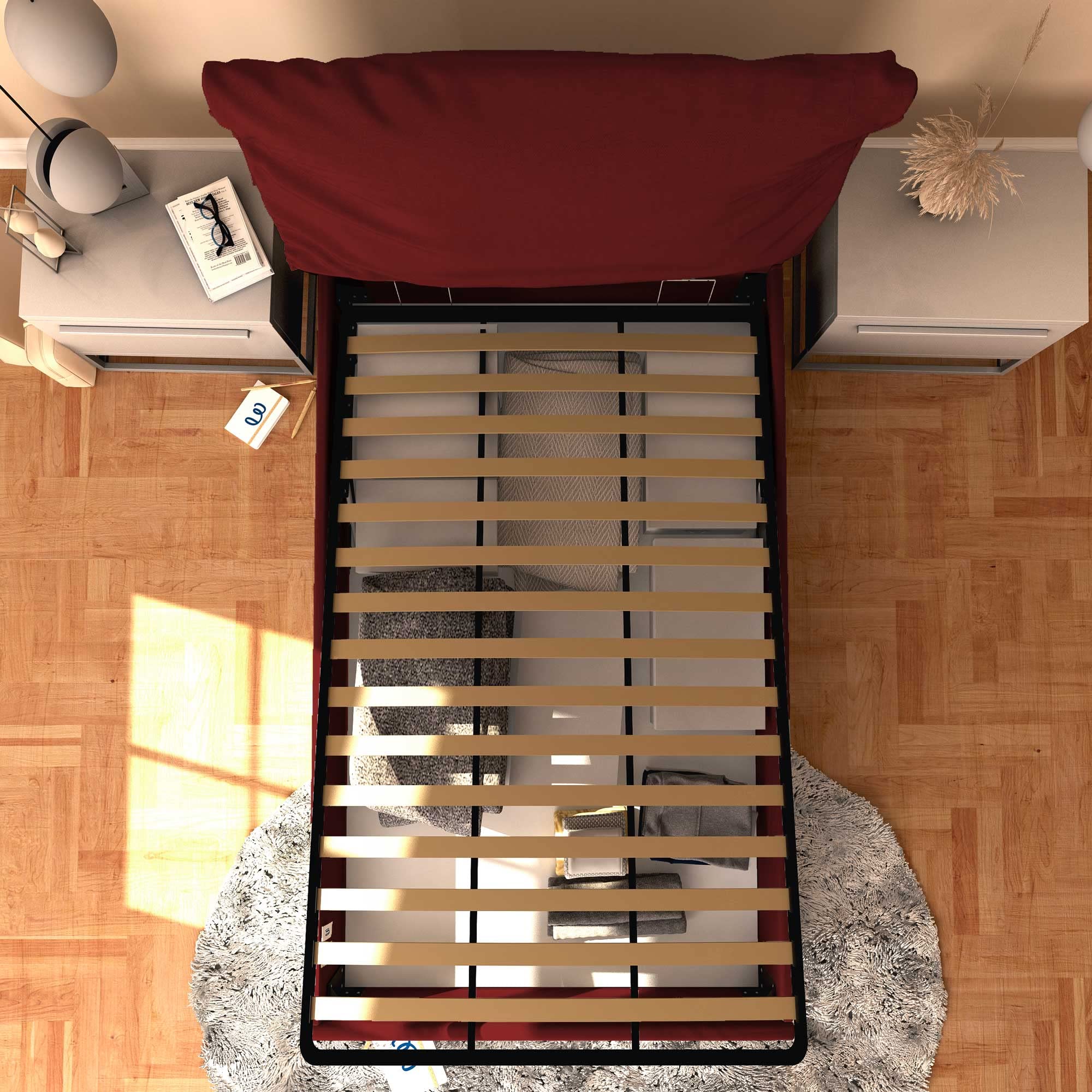 Baldiflex Single Bed with Storage - Licia Soft Synthetic Leather Upholstery, Slatted Base for Single Mattress, 120 x 190 cm, Padded Headboard, Bordeaux Red - Perfect for Small Bedrooms, Guest Rooms & Studio Apartments