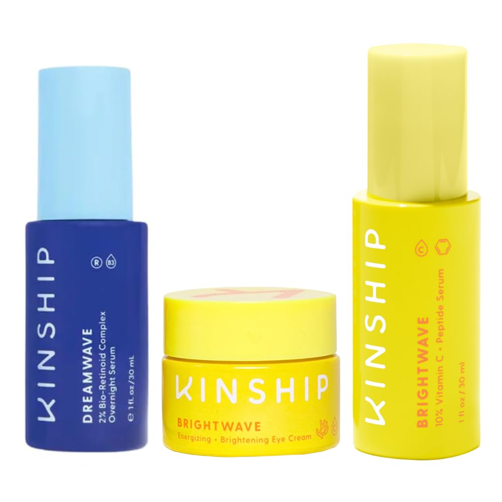 Kinship Dreamwave Overnight Retinoid Renewal Serum with Brightwave Vitamin C Eye Cream & Peptide Face Serum - Vegan Anti-Aging Skincare Set for Wrinkles, Dark Circles & Skin Renewal | Nighttime Skincare Routine, Perfect for Dry & Mature Skin