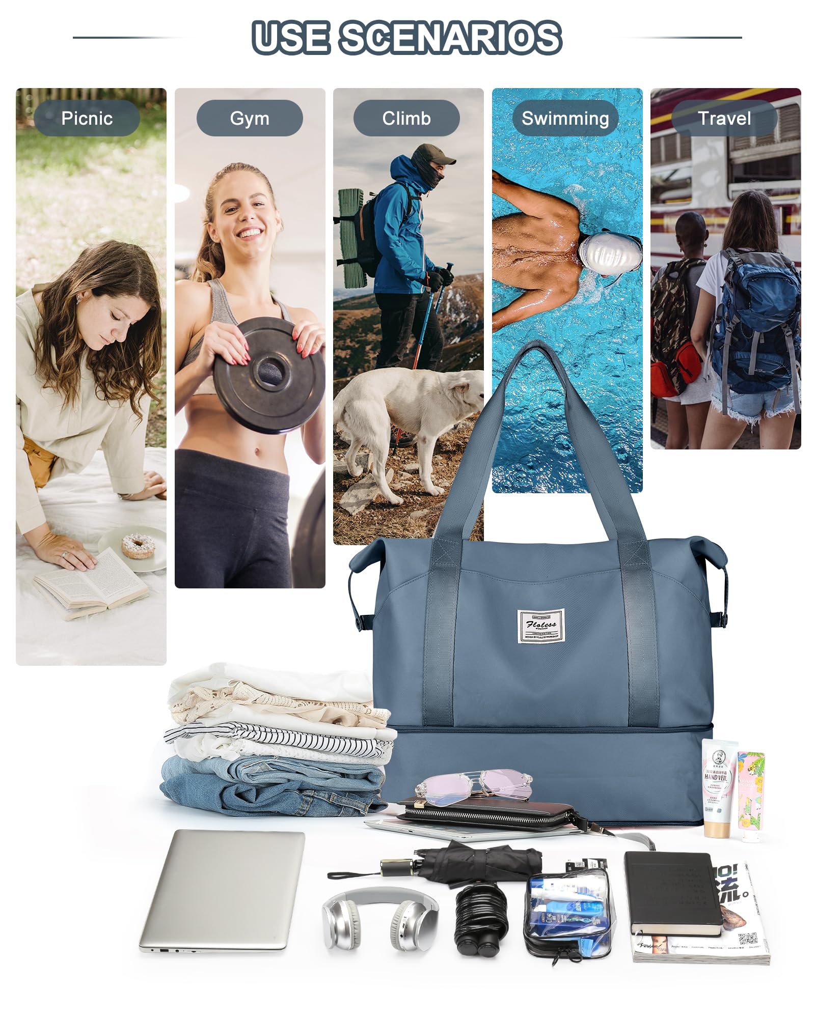 Stylish Expandable Travel Duffel Bag for Women & Men - 18x14x8 Inch Carry-On Weekender with Trolley Sleeve - Perfect for Gym, Sports, Airplane Travel & Overnight Trips (Jewel Blue) | Ideal for Business Travel, Weekend Getaways & Fitness Enthusiasts