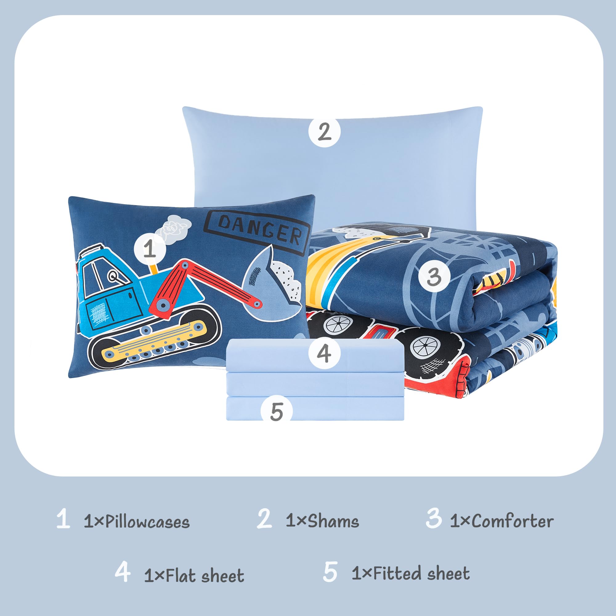 5-Piece Twin Kids Comforter Set for Boys & Girls - Glow in The Dark Truck Tractor Excavator Bedding (Includes Sheets) | Perfect for Teen Bedrooms, Sleepovers & Kids Room Decor