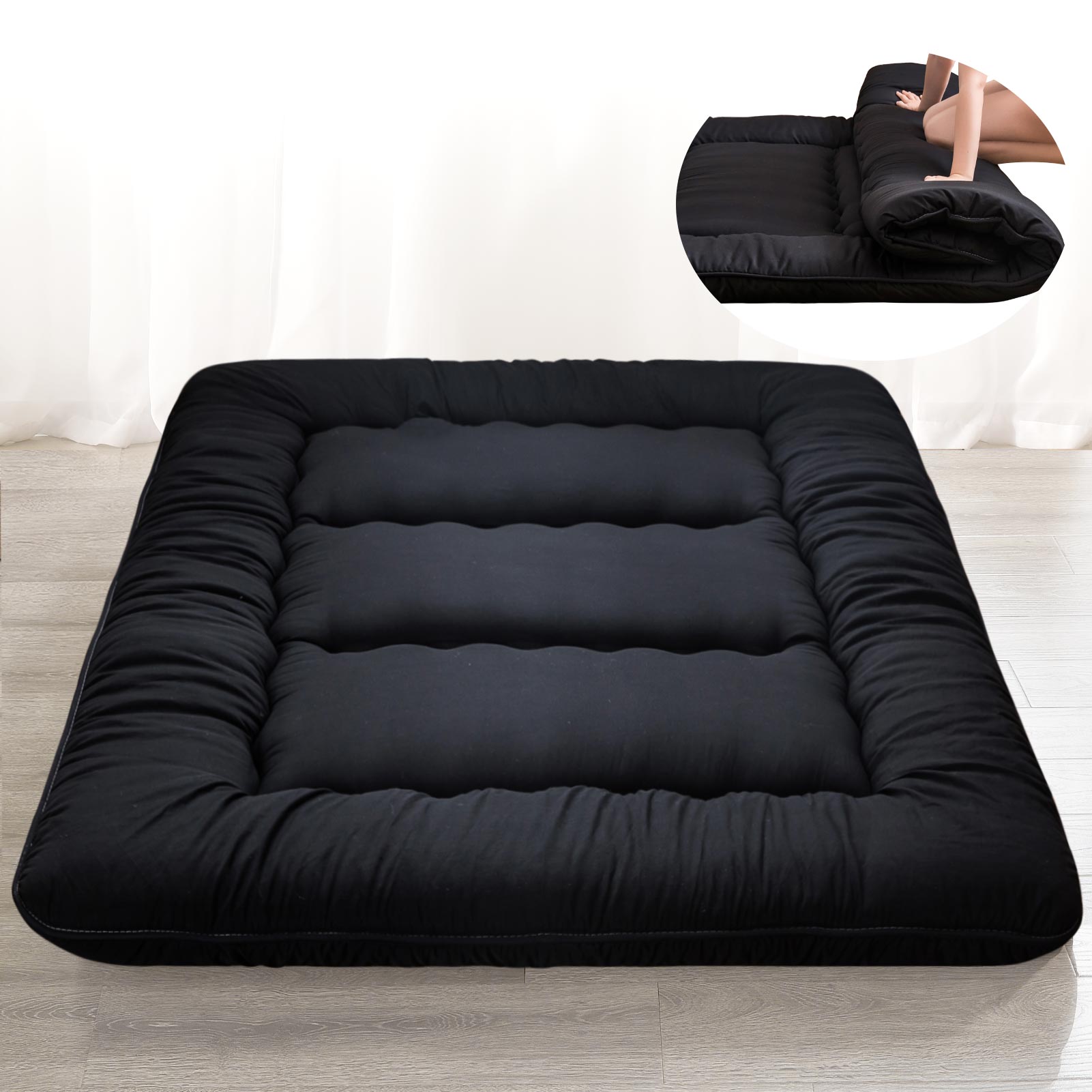 MAXYOYO Japanese Futon Floor Mattress - Twin & King Size, Black - Comfortable & Portable for Guest Beds, Camping & Small Spaces