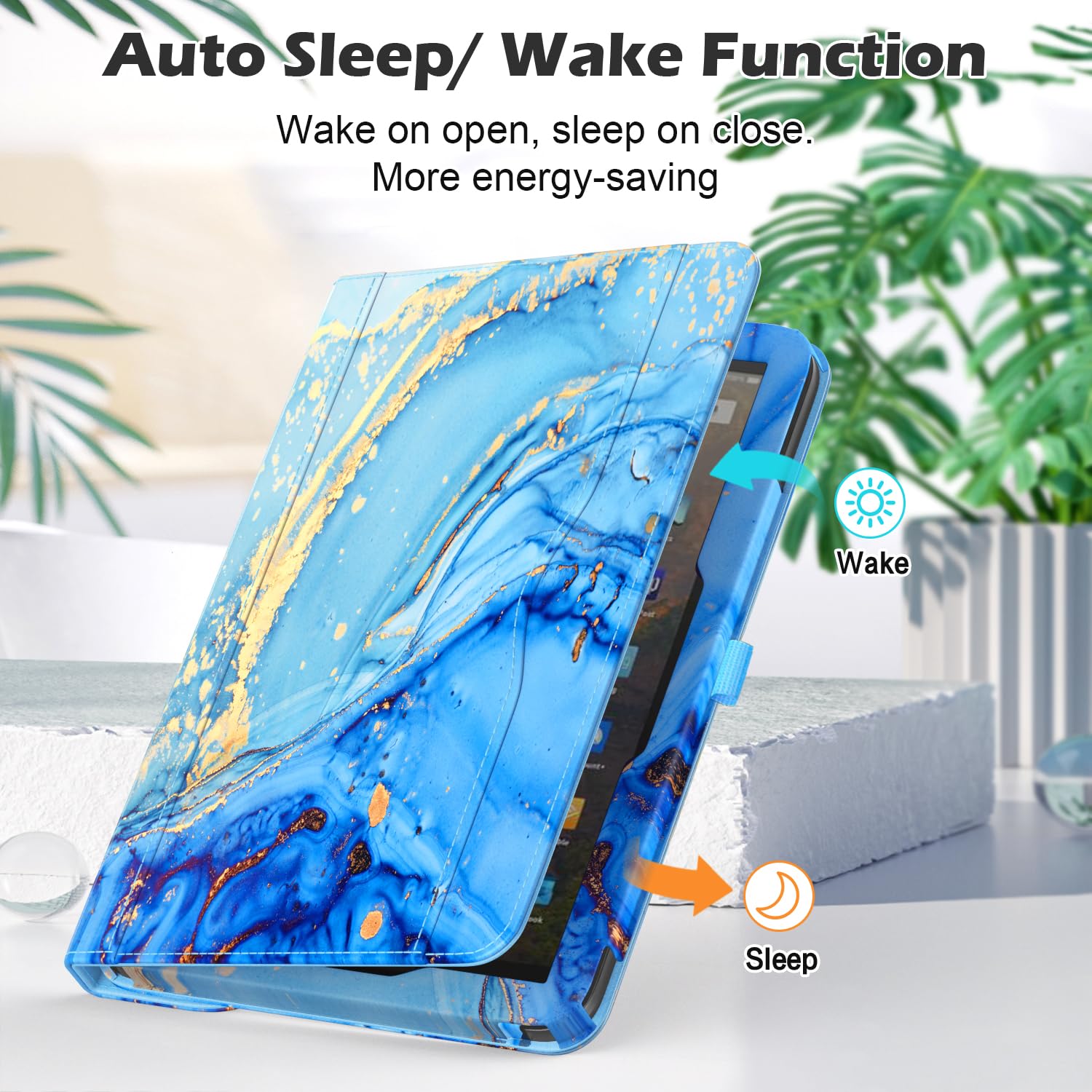 Premium 360° Rotating Stand Case for Kindle Fire HD 10 & HD 10 Plus (11th/13th Gen, 2021/2023) - Auto Sleep/Wake, Pencil Holder, Marble Blue - Perfect for Work, Study & Entertainment