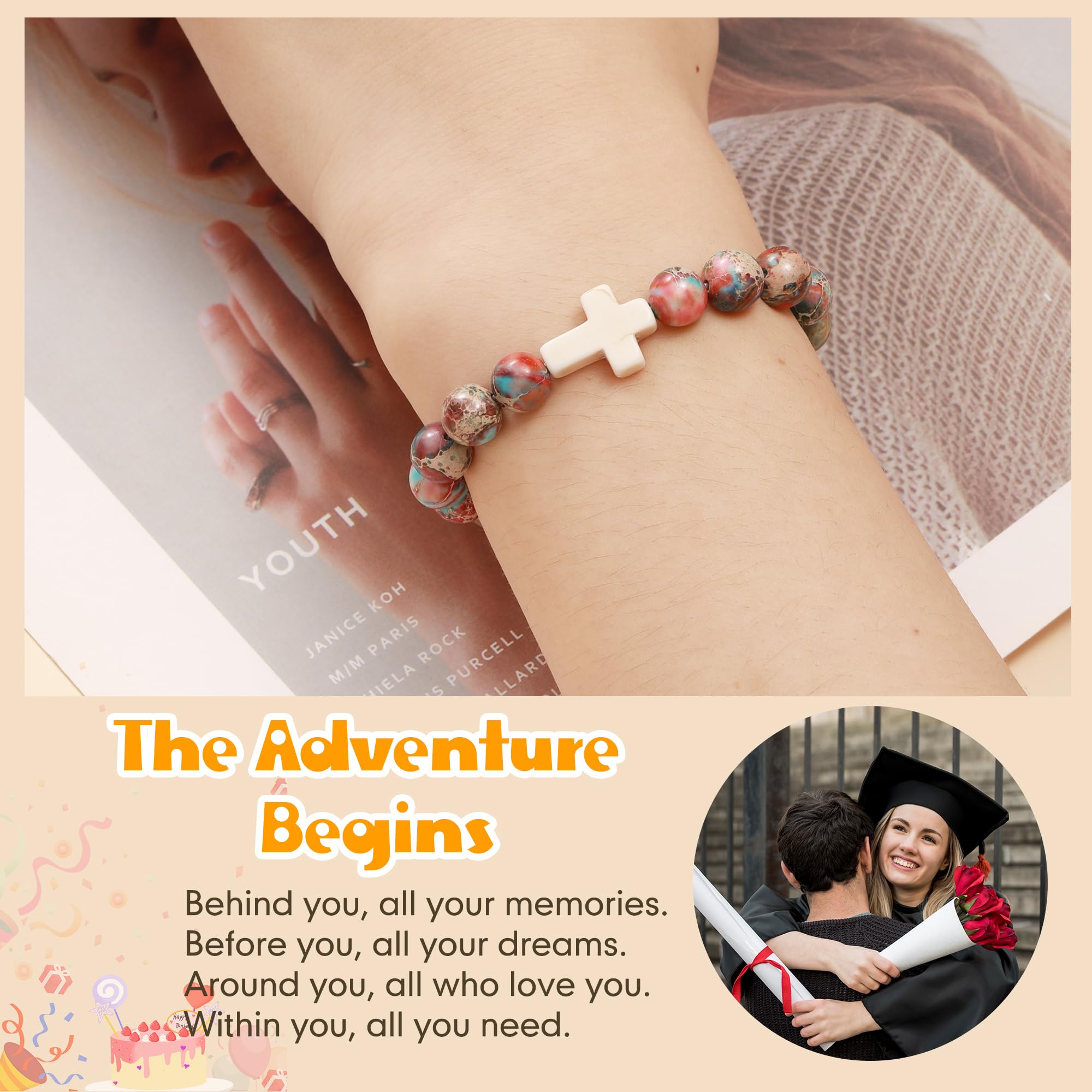 JSJOY Natural Stone Beaded Bracelet - Inspirational Cross Charm Birthday Gift for Women & Girls Age 6-80 (Daughter, Granddaughter, Niece, Mom, Sister) - Christian Jewelry for Easter, Baptism & Daily Wear