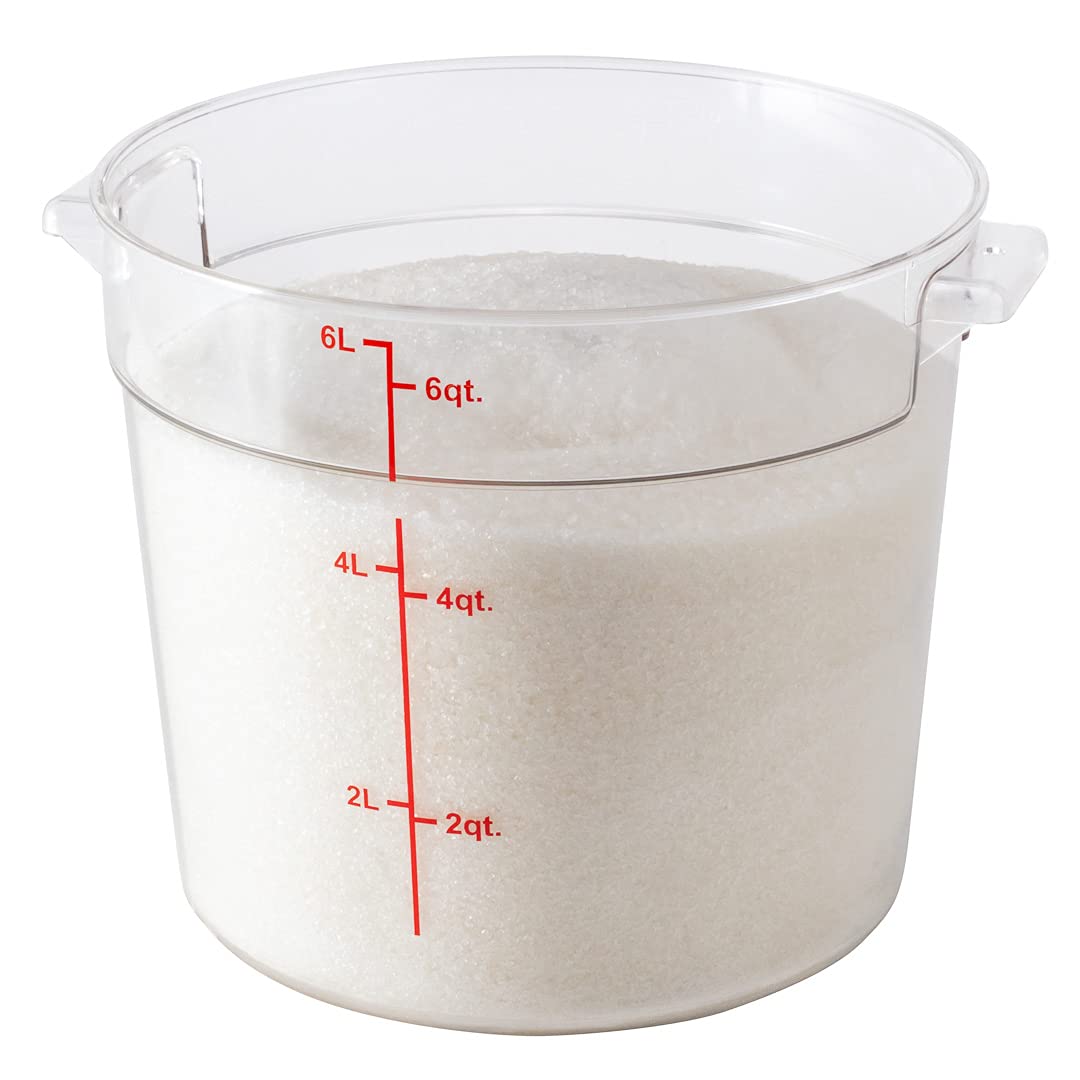 Restaurantware Met Lux 6 Quart Clear Plastic Food Storage Containers - 10 Pack Round Commercial Food Prep Buckets with Volume Markers (Lids Sold Separately) for Kitchen, Restaurant, and Catering Use - Space-Saving Storage Solution
