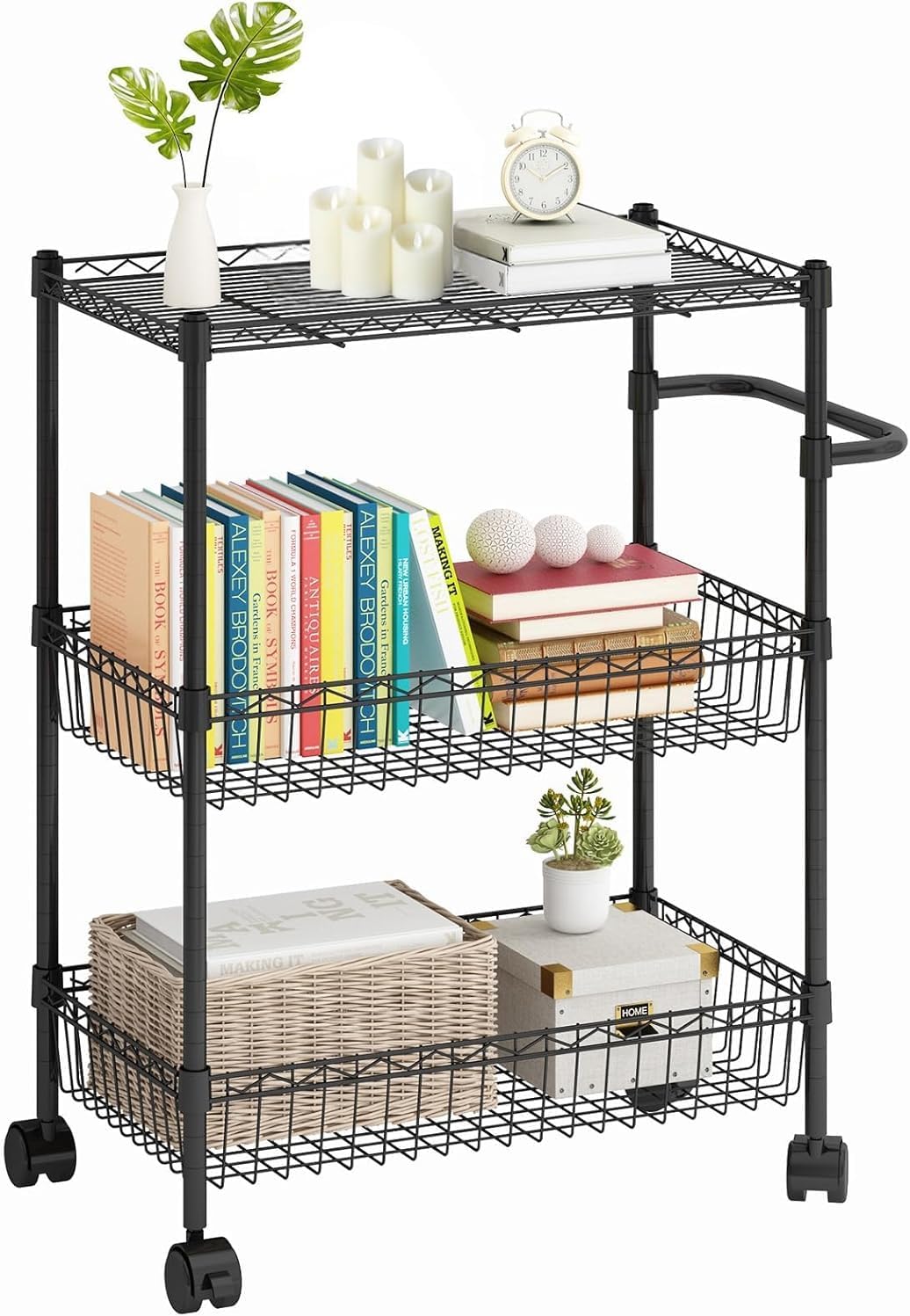 GARVEE 3-Tier Rolling Utility Cart with Wheels & Wire Baskets - Metal Kitchen Storage Cart with Handles for Snacks, Laundry, Bathroom & Office Organization (Black) | Perfect for Small Spaces, Dorm Rooms & Mobile Storage Solutions
