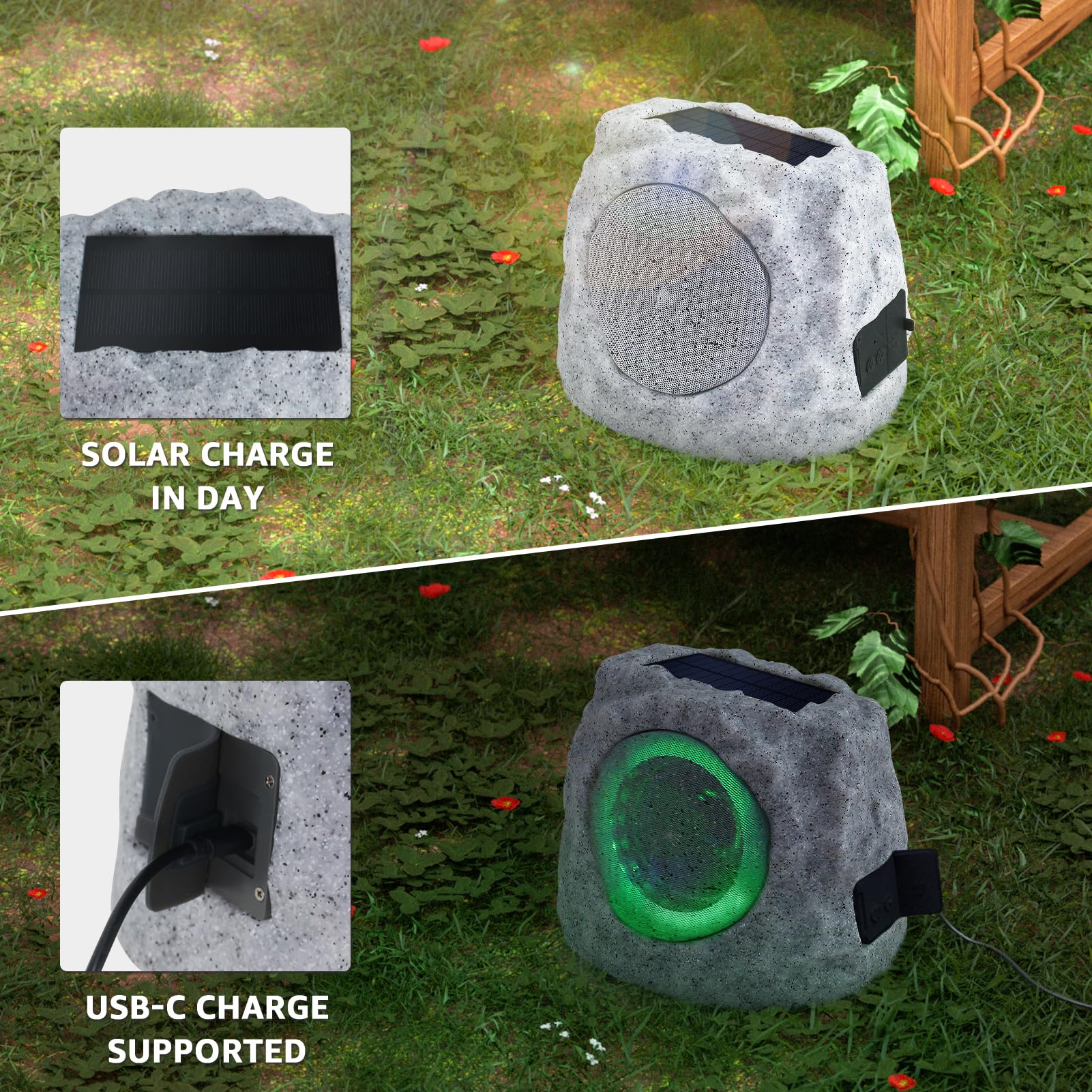 Outdoor Waterproof Bluetooth Rock Speakers - Solar Powered Wireless Pair with RGB Lights & USB Rechargeable Battery for Patio, Deck, Pool, Garden (2 Pack) | Perfect for Backyard Parties, Landscape Decor & Outdoor Entertainment