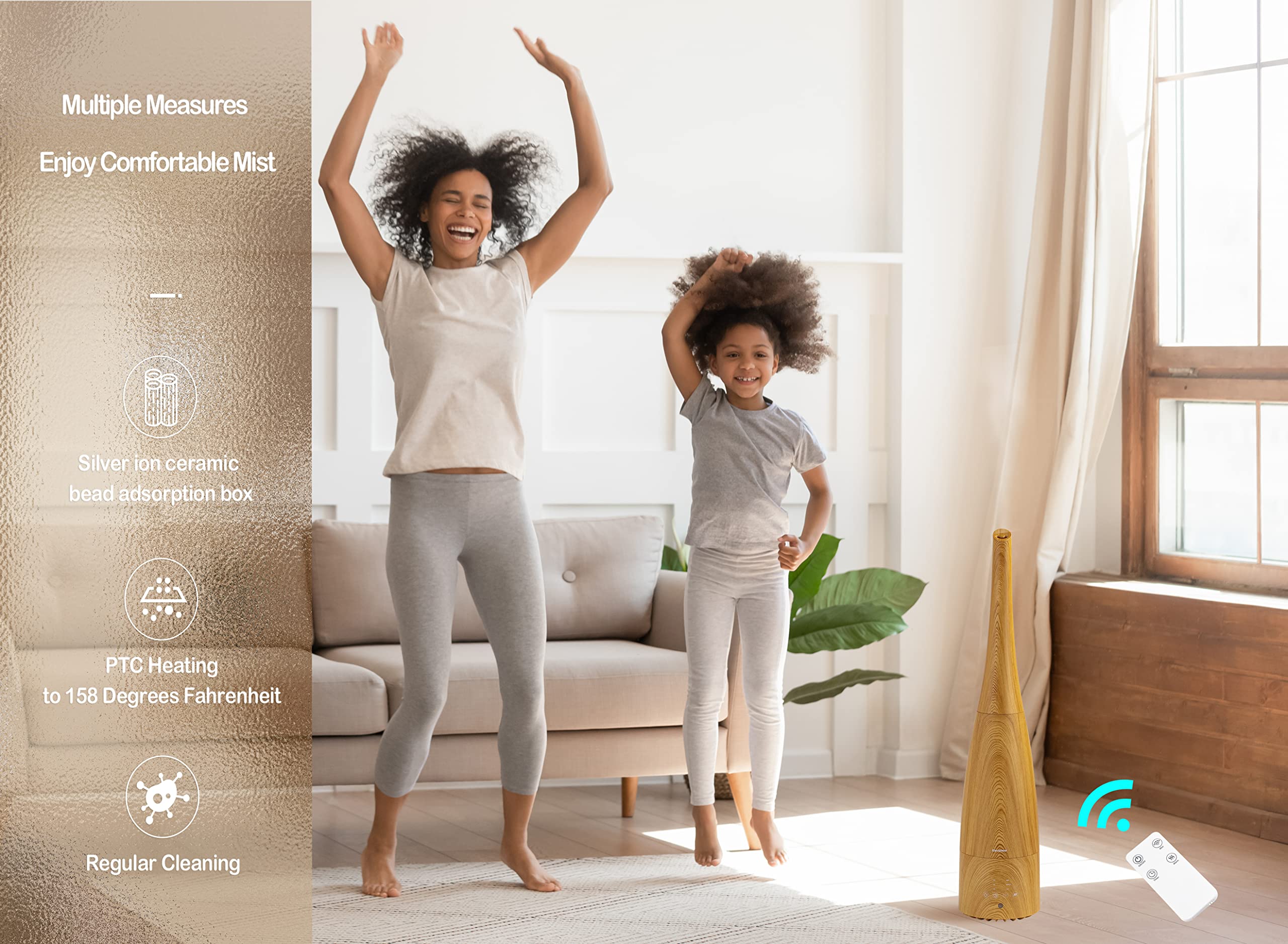 Elecameier Smart Cool & Warm Mist Humidifier - Ultrasonic Quiet (25dB) with Remote Control, Auto Shut-Off & Night Light - Perfect for Home, Bedroom, Office, Nursery & Baby Rooms - Wood Grain Design for Modern Decor