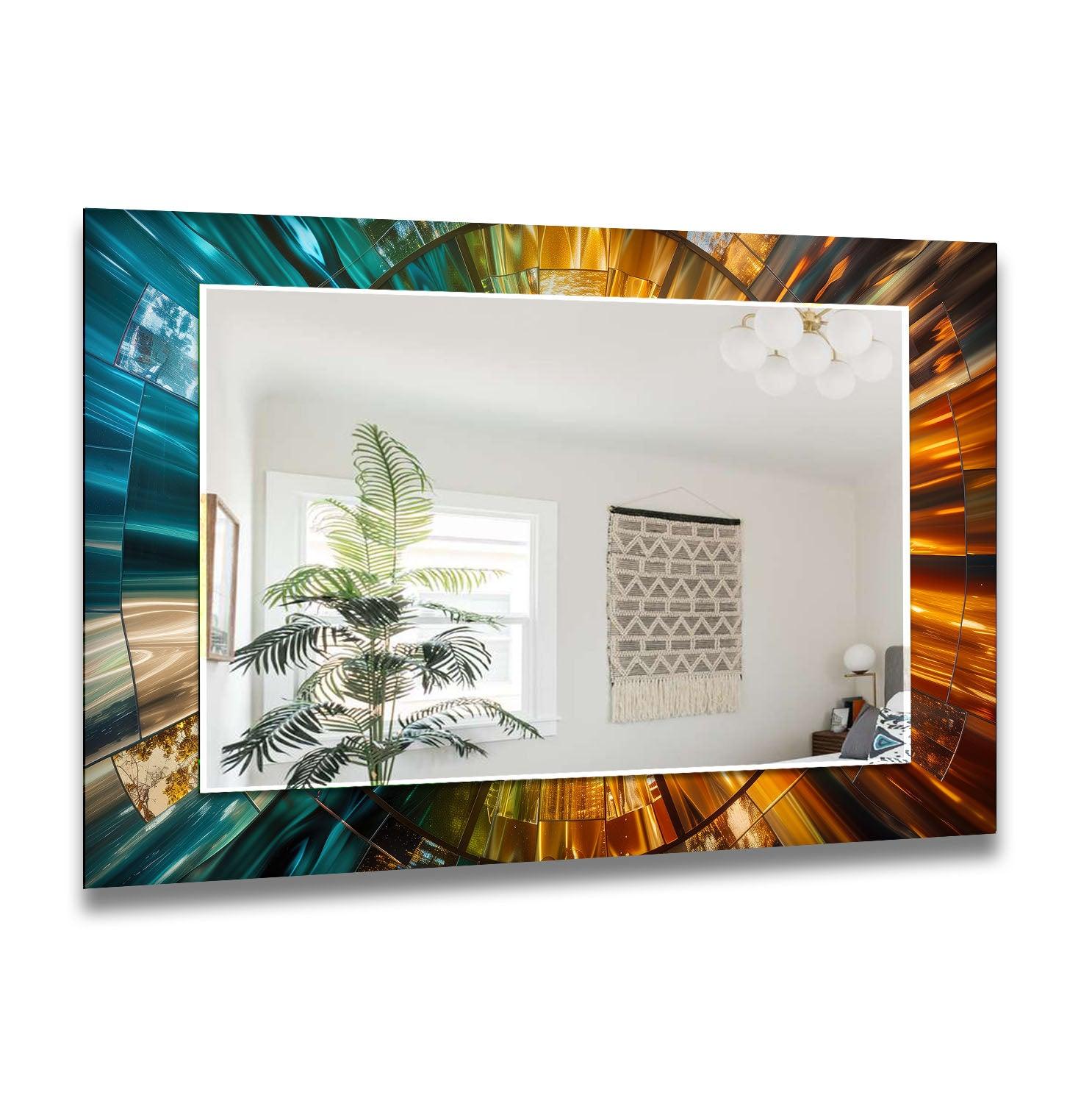 Blue and Gold Abstract Wall Mirrors - Modern Decorative Mirror for Living Room, Bedroom & Entryway - Stylish Home Decor Accent Piece