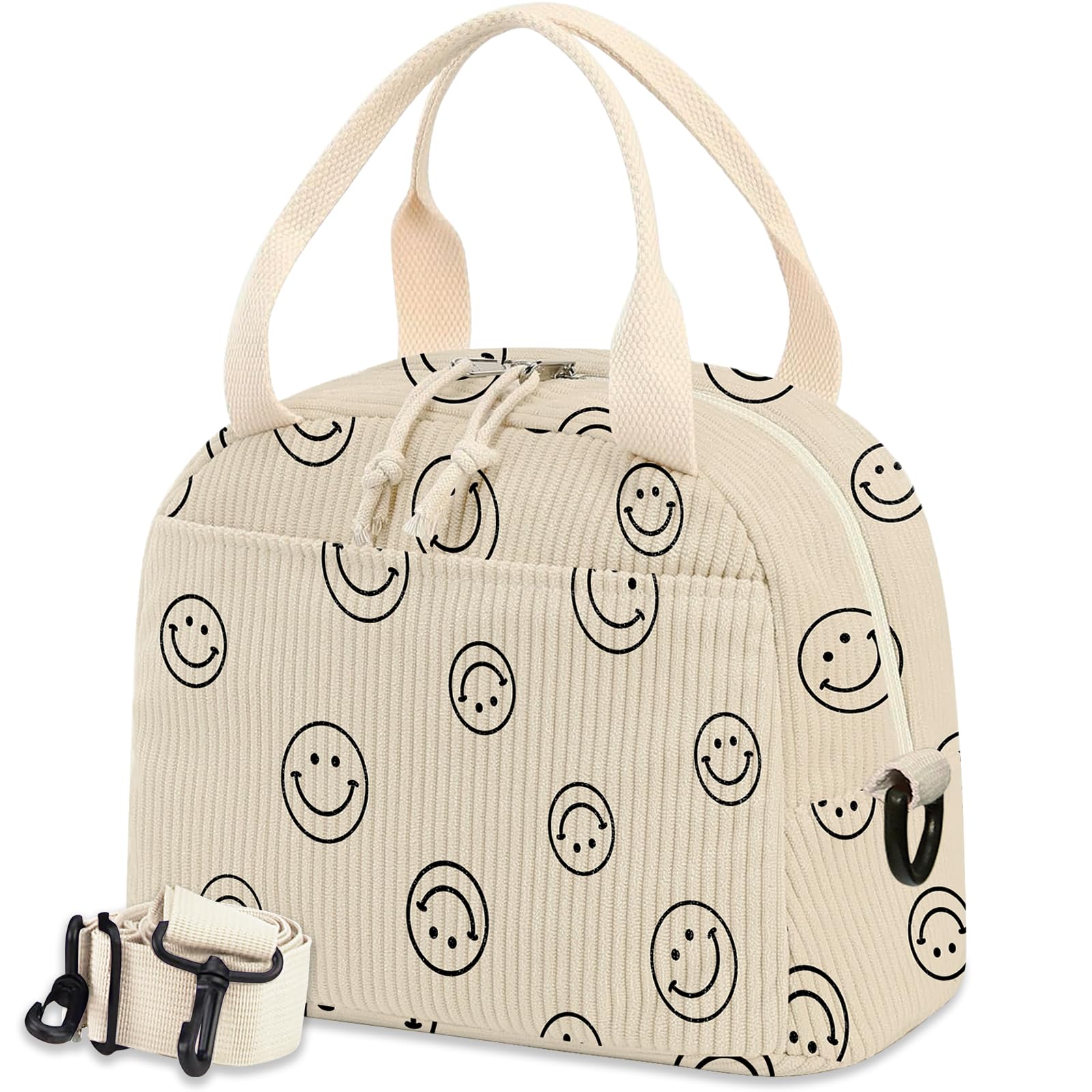 Insulated Reusable Lunch Bag for Women & Men - Large Corduroy Lunch Box with Shoulder Strap, Cute Smiley Tote Bag for Work, Office, School, Picnic & Outdoor Activities | Eco-Friendly Cooler Lunch Case