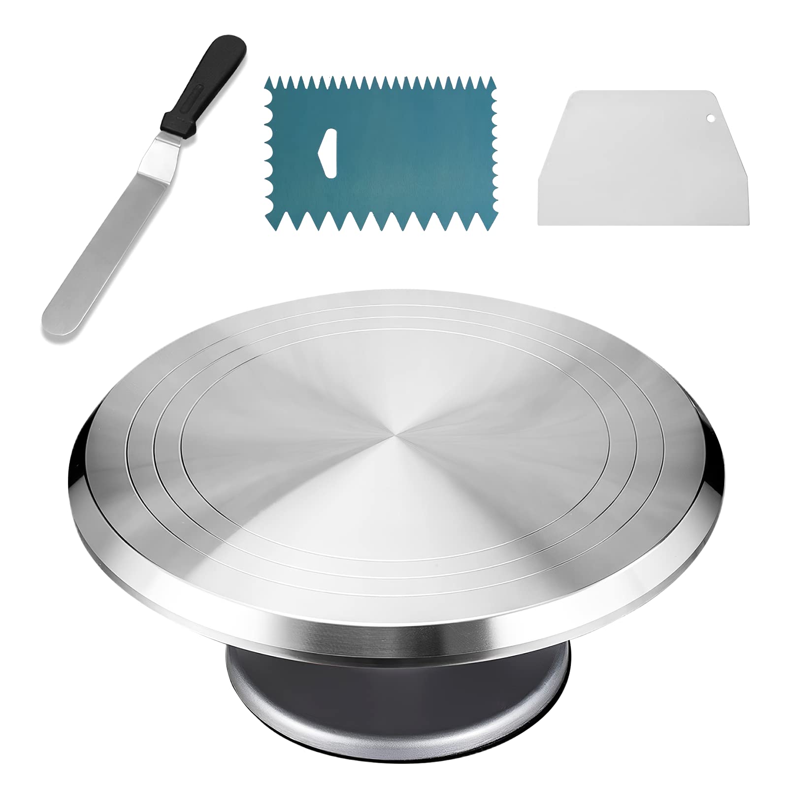 12 Inch Heavy Duty Aluminum Cake Stand Turntable - Rotating Cake Decorating Kit with Icing Spatula & 2 Smoother Combs for Professional Baking, Cake Display, and Dessert Presentation