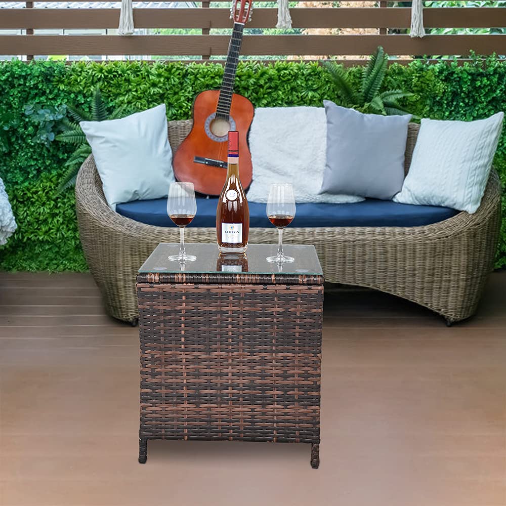 HomVent Outdoor Wicker Rattan Side Table with Tempered Glass Top - Square Coffee Table & End Table with Storage for Patio, Garden, Balcony, Courtyard - Perfect for Relaxing, Entertaining & Outdoor Decor