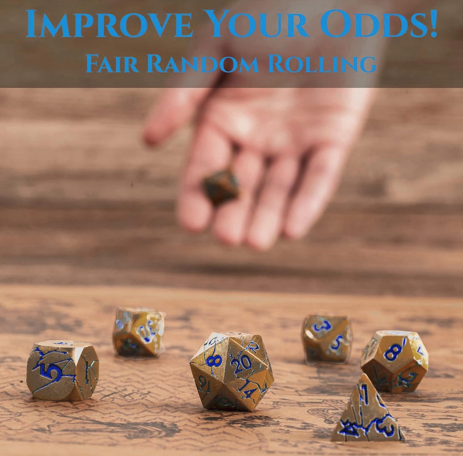 Premium DND Metal Dice Set - Pharaoh Ruins Gold with Blue Cracks - 7-Piece Polyhedral Dice for Dungeons & Dragons, RPG Tabletop Games - Perfect for D&D Campaigns, Gift Giving & Collector's Display
