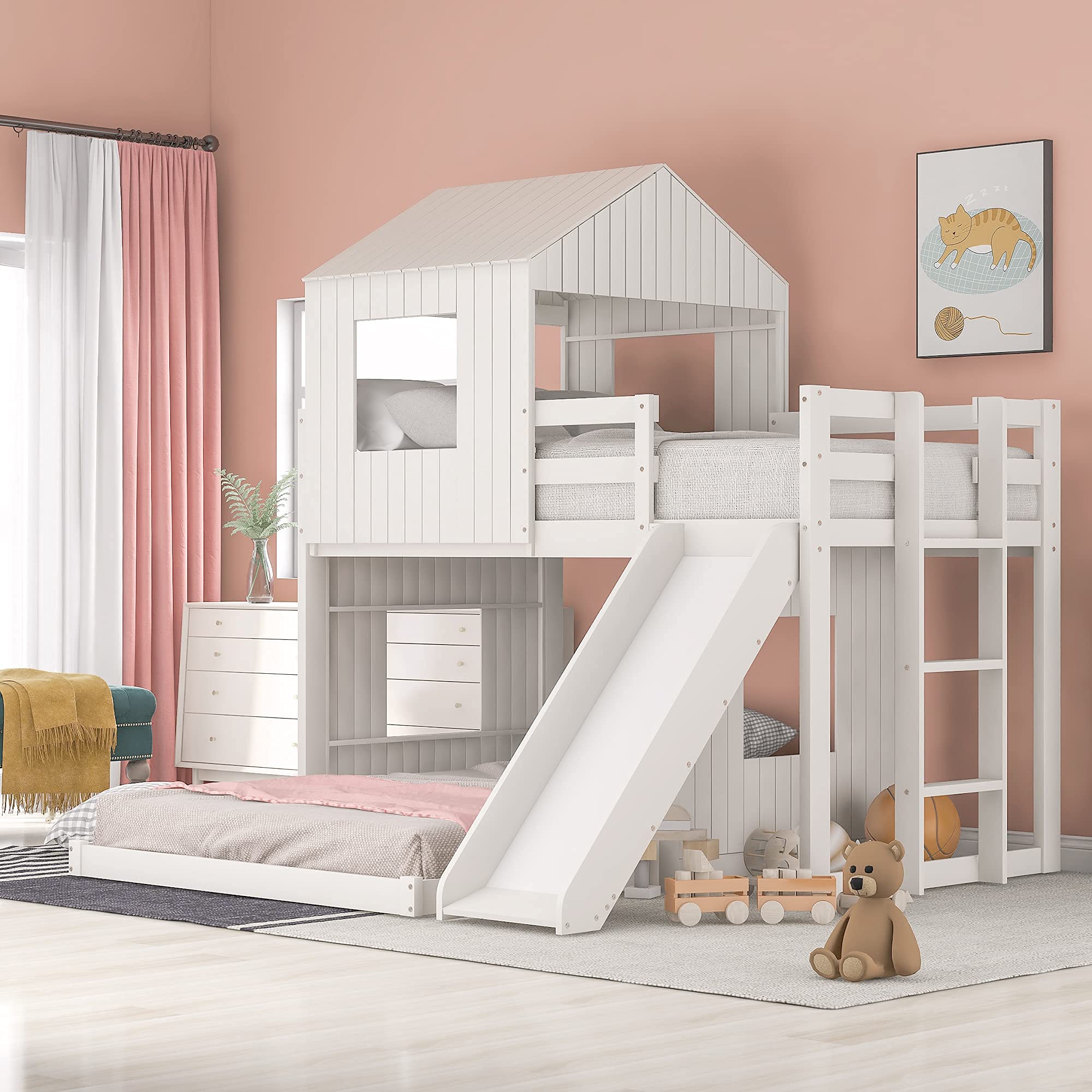 Kids Wooden Loft Bunk Bed with Slide - Farmhouse Style Toddler Bed with Windows & Safety Guardrails - No Box Spring Needed - Perfect for Small Bedrooms, Playrooms & Vacation Homes