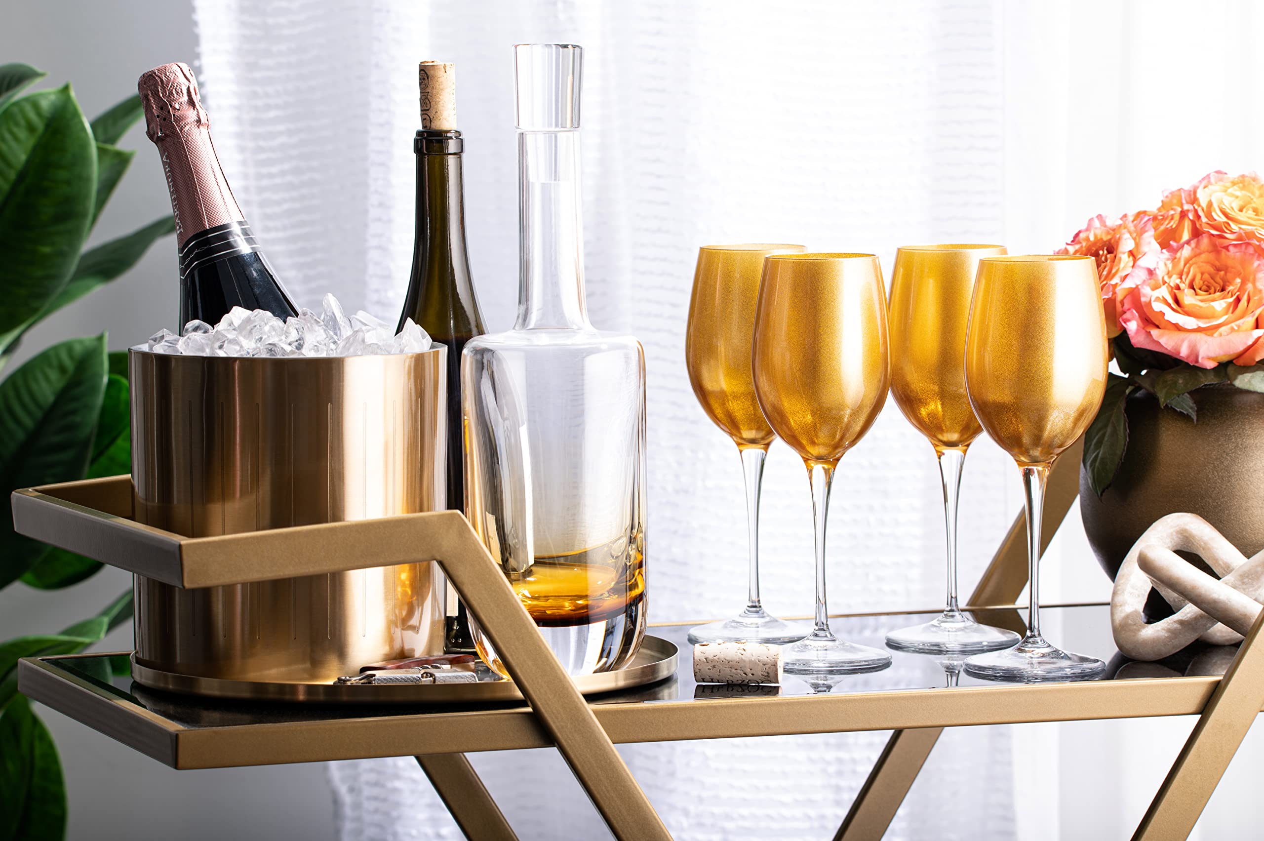 Premium Barksi Goblet Set of 6 - Elegant 14oz White Wine & Water Glasses with Gold Decoration, European Made Stemware for Fine Dining & Special Occasions