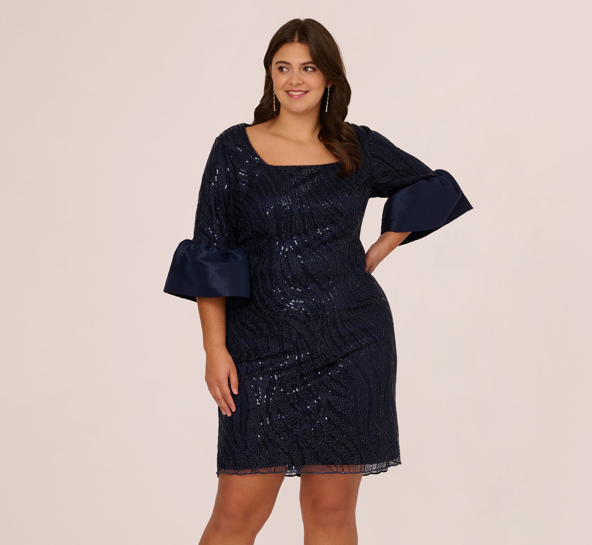 Plus Size Sequin Embroidered Party Dress with Taffeta Bell Sleeves - Elegant Evening Gown for Women in Midnight Blue | Perfect for Prom, Wedding Guest & Special Occasions