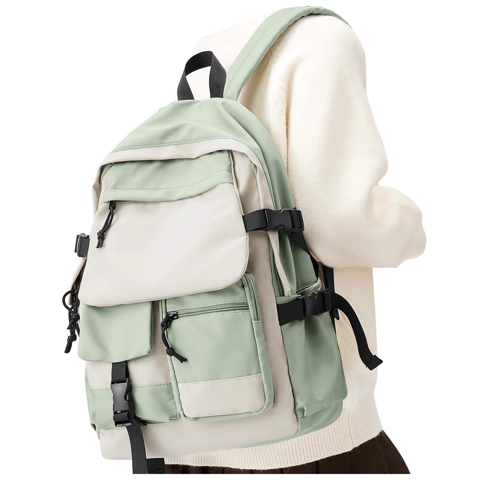 Waterproof Lightweight Travel Backpack for College Students - Small White & Green Canvas Carry On Backpack for Women & Men, Perfect for School, Commuting, Hiking & Weekend Trips