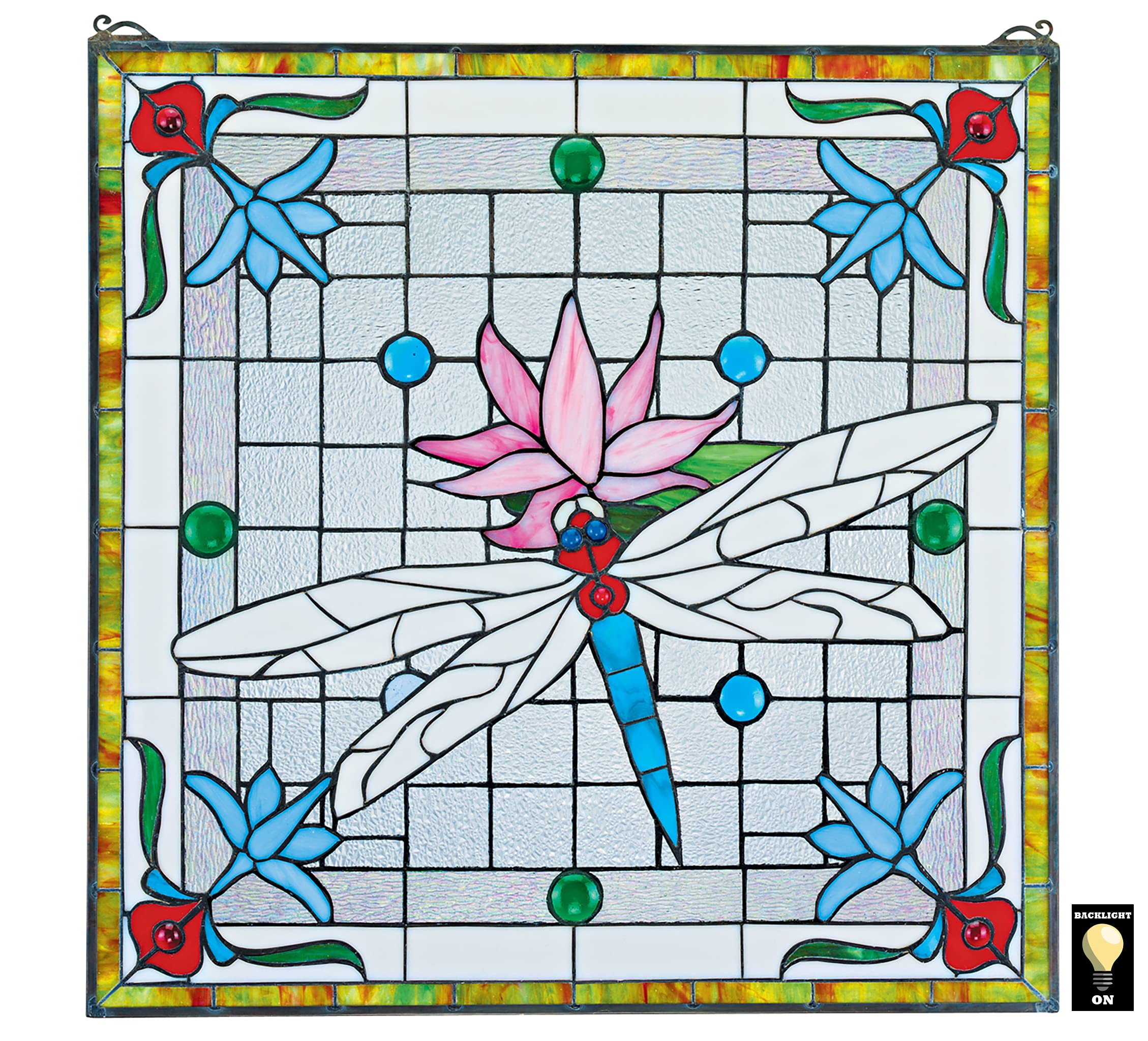 Design Toscano Handcrafted Stained Glass Panel - Dragonfly Pond Wall Art, 24''W x 24.5''H, Blossom Pink, Decorative Stained Glass Sculpture for Home, Church, or Office Décor | Perfect for Windows, Doors, and Wall Hangings