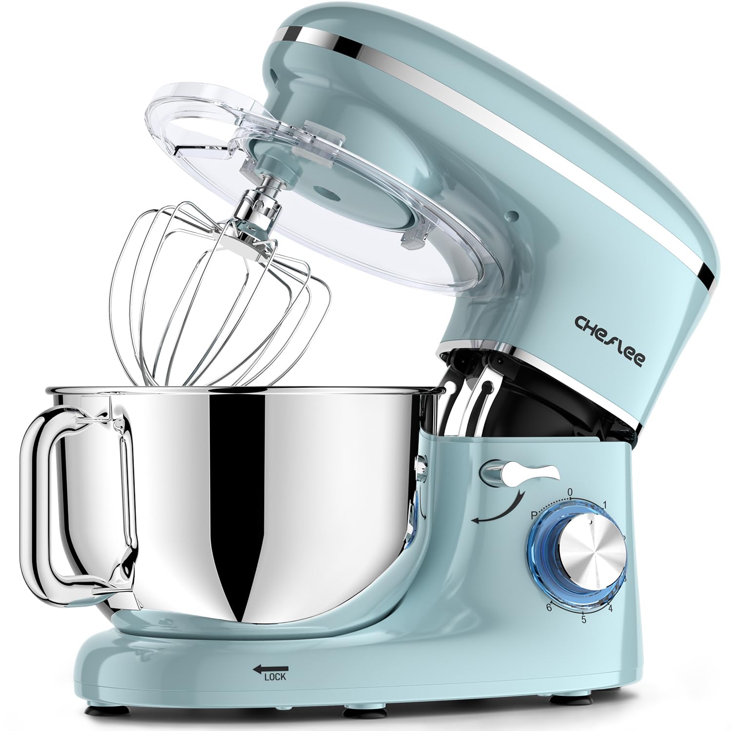 CHeflee 600W Stand Mixer with 6.5QT Stainless Steel Bowl - 6 Attachments (Dough Hook, Wire Whip, Beater) - Powerful Kitchen Mixer for Baking, Whipping & Kneading - Perfect for Home Bakers & Cooking Enthusiasts (Blue)