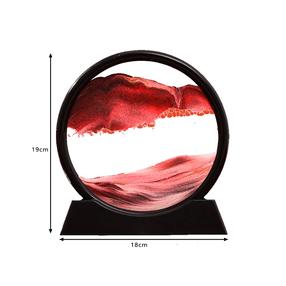 3D Dynamic Sand Art Liquid Motion - Round Glass Deep Sea Sandscape Moving Sand Picture, Flowing Sand Frame for Home & Office Decoration, Stress Relief Desk Toy for Adults & Kids (Red) - Perfect for Meditation, Waiting Rooms, and Creative Workspaces
