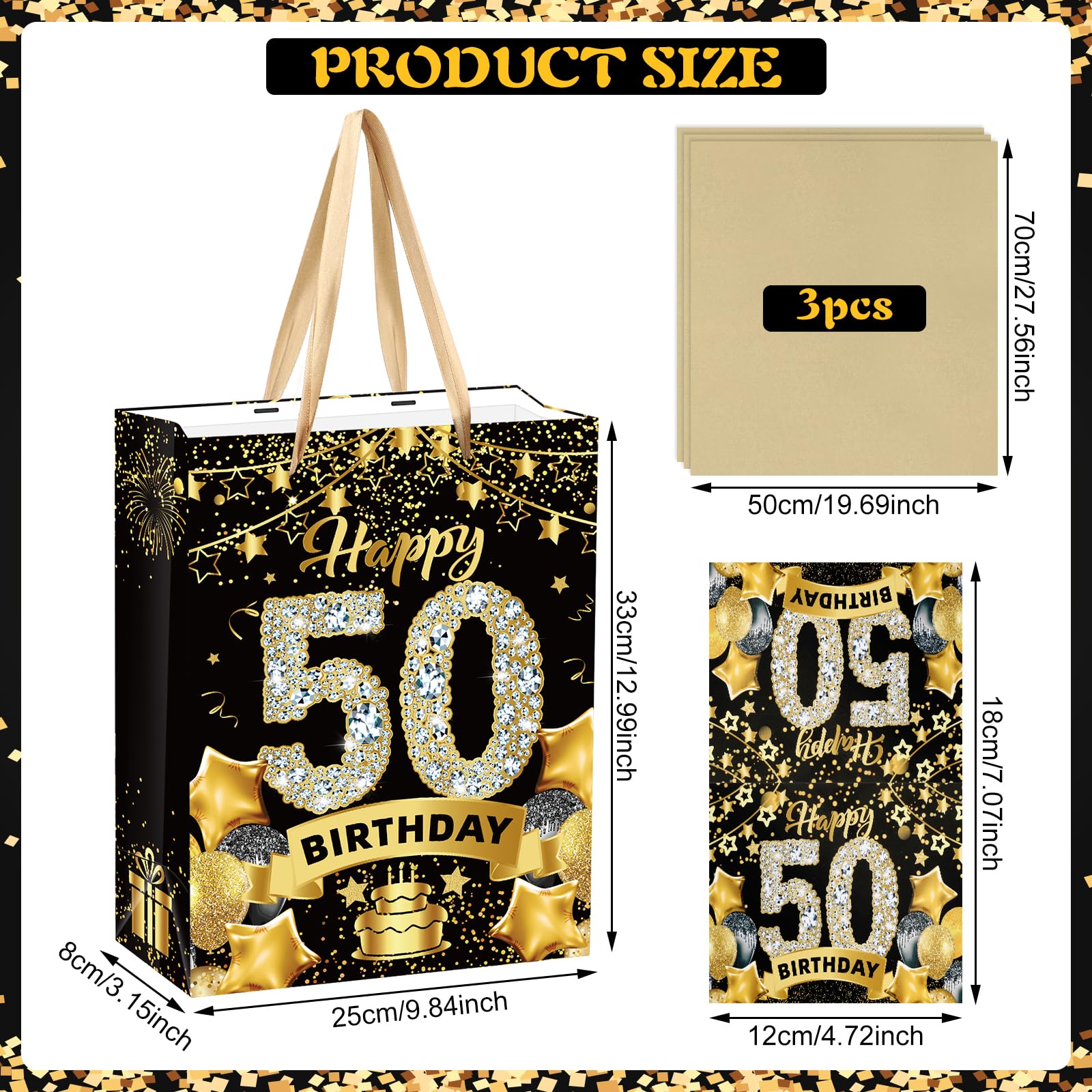 Premium Black & Gold 50th Birthday Gift Bags Set - Includes Tissue Paper & Greeting Card - Elegant Candy Wrapping Bags for Men & Women - Perfect for Christmas, Anniversary & Milestone Celebrations - Great for Party Favors, Candy Packaging & Special Occasion Gifts