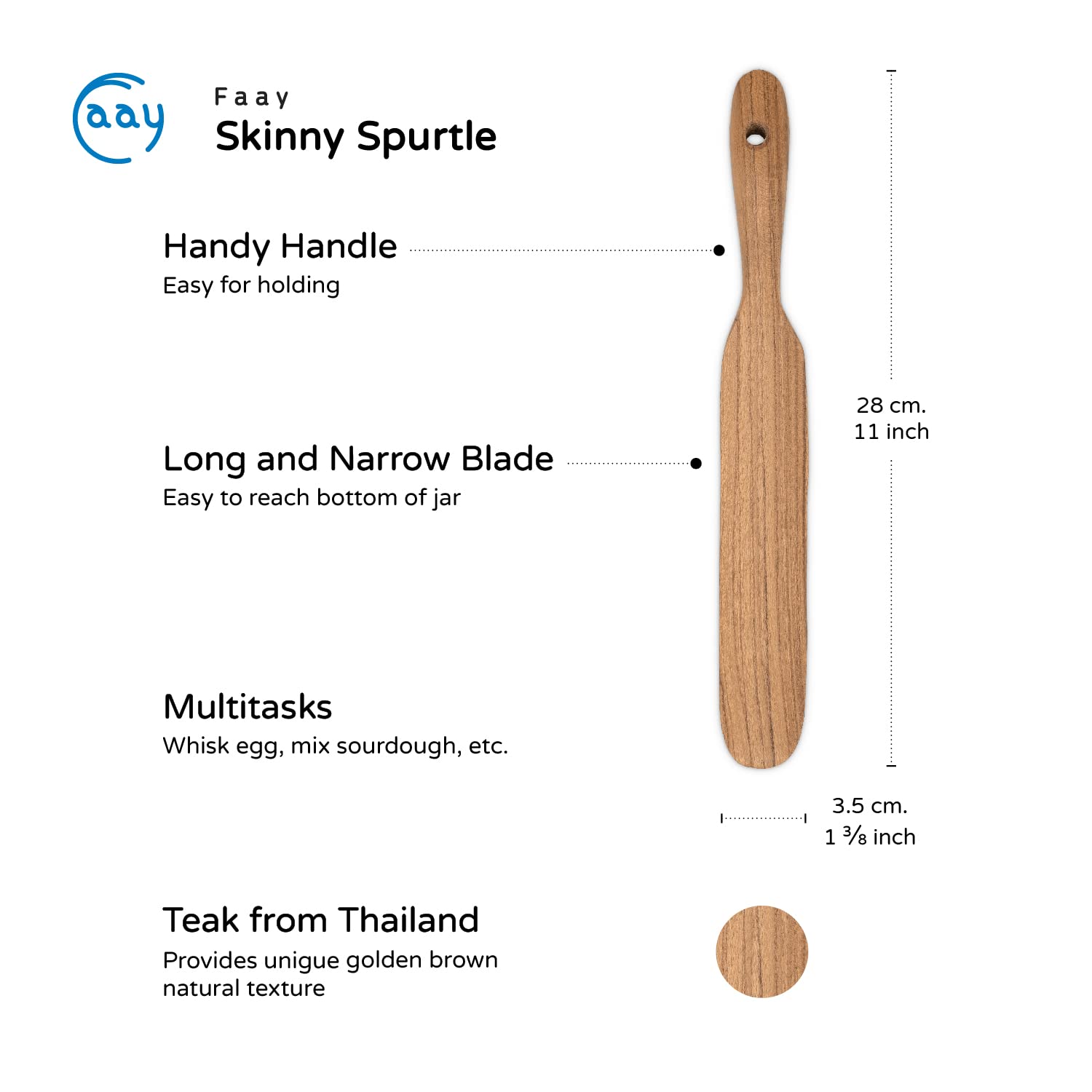 FAAY Skinny Spurtle - Premium Teak Wood Sourdough Mixer & Bread Stirring Spatula for Baking, Dough Whisking, Jar Scraping | Ideal for Sourdough Starter, Bread Making, Cookie Dough | Perfect Kitchen Tool for Bakers & Home Cooks | Great Baking Gift Idea for Christmas & Housewarming