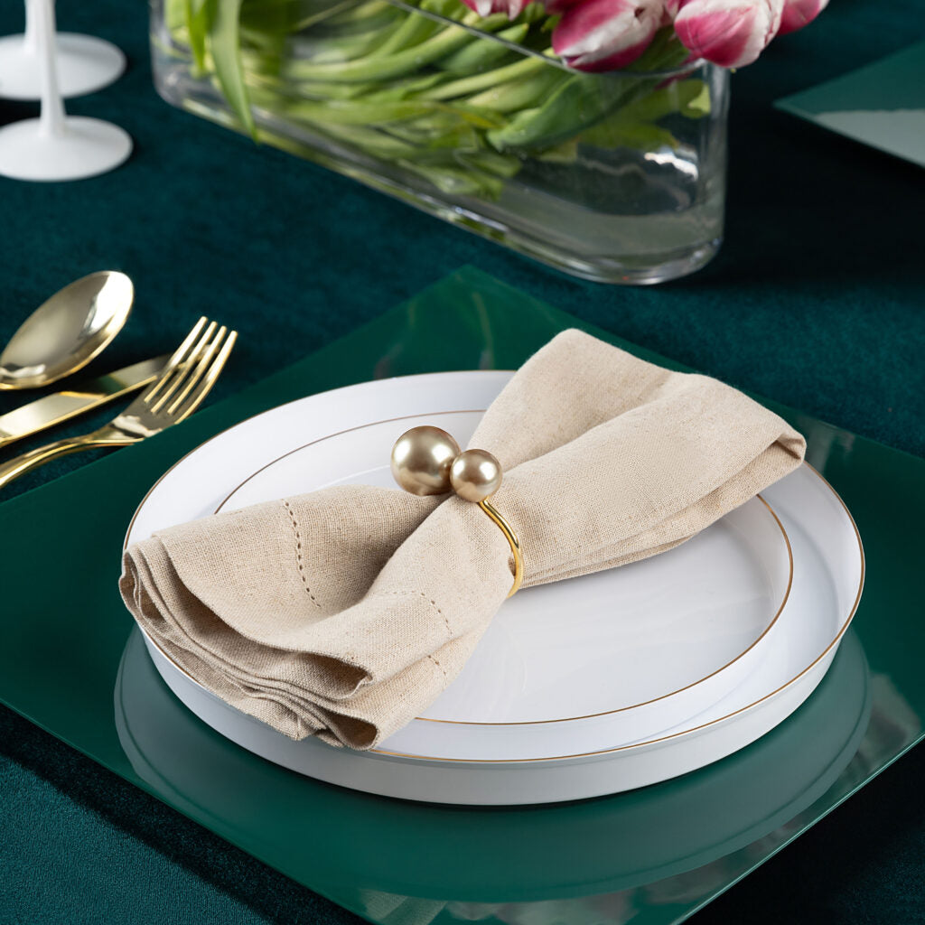 20-Piece White and Gold Round Plastic Dinnerware Set for 10 Guests - Elegant Disposable Plates, Bowls, Cups & Cutlery - Perfect for Weddings, Parties, Catering & Outdoor Events