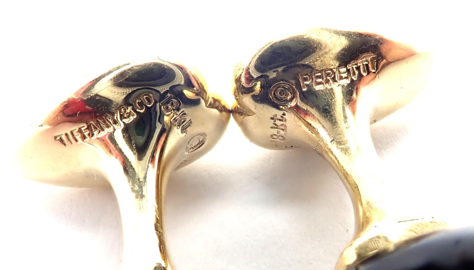 Authentic Tiffany & Co Peretti 18k Yellow Gold Black Onyx Teardrop Cufflinks for Men - Luxury Formal Wear Accessories for Weddings & Business Events