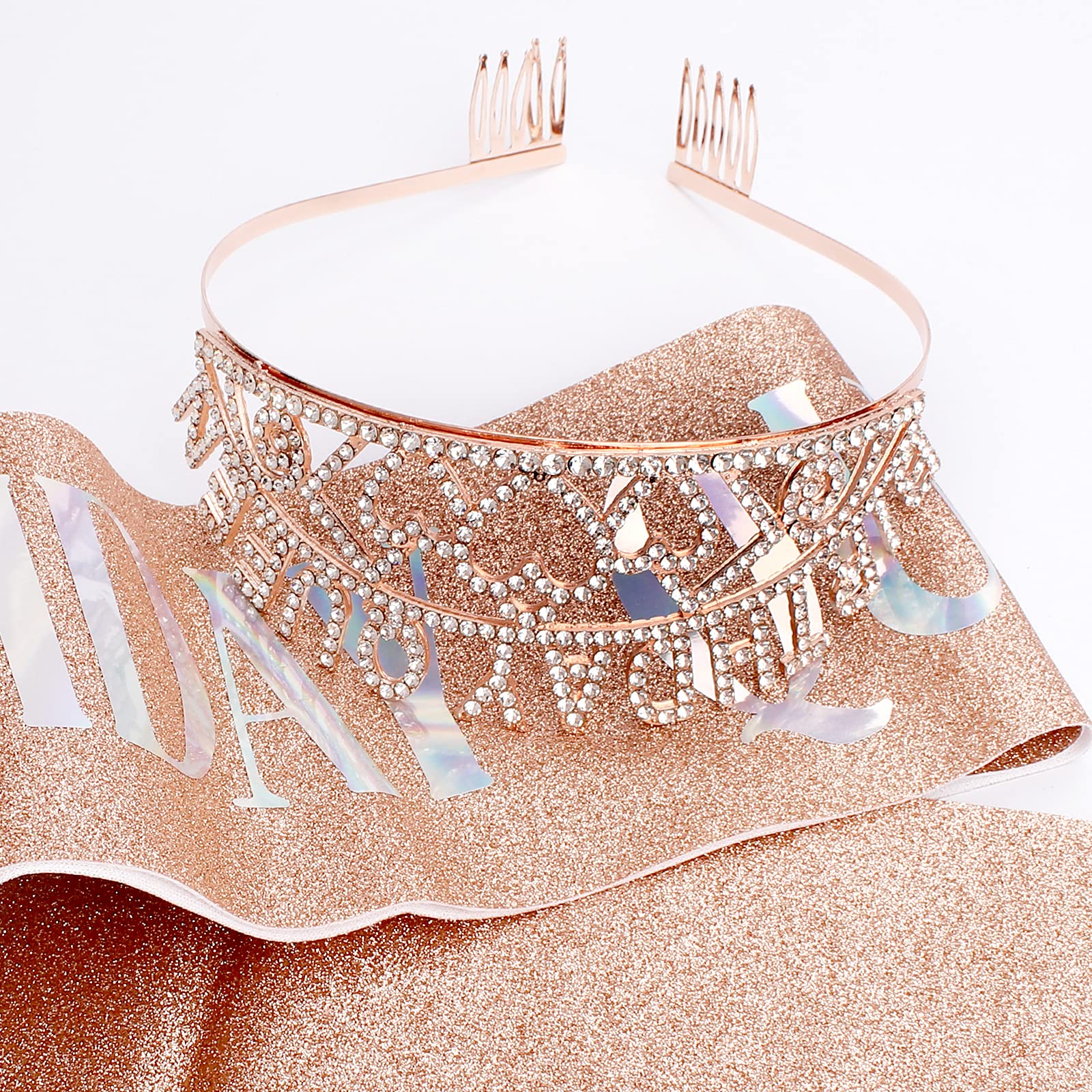 Elegant Rose Gold Rhinestone Tiara & Queen Crown Set with Sash - Birthday Princess Party Decor for Women, Girls - Perfect for Birthday Celebrations, Bridal Showers, and Special Occasions