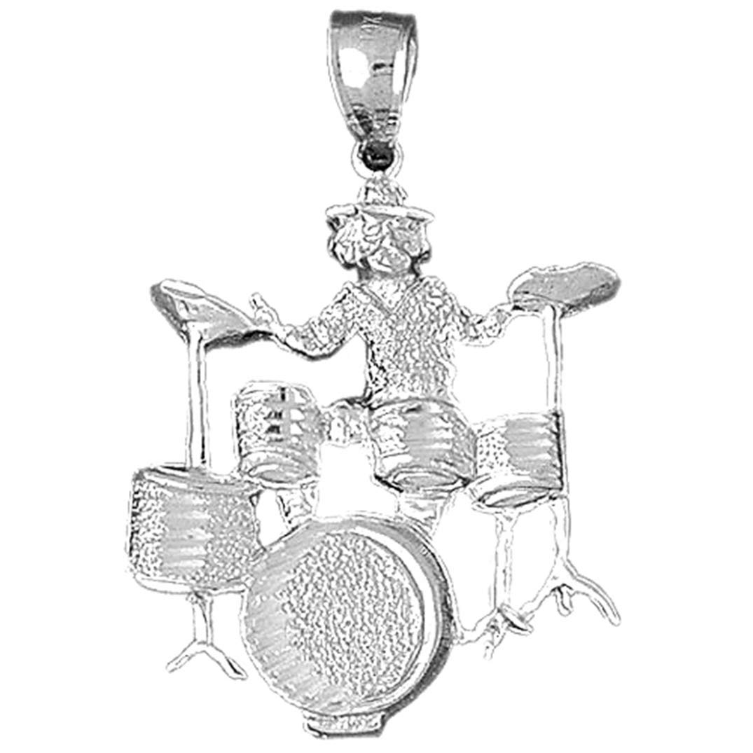 14K White Gold Drummer and Drum Set Pendant - 38mm Handmade Jewelry for Music Lovers | Perfect Gift for Drummers & Musicians | Elegant Necklace for Concerts & Special Occasions