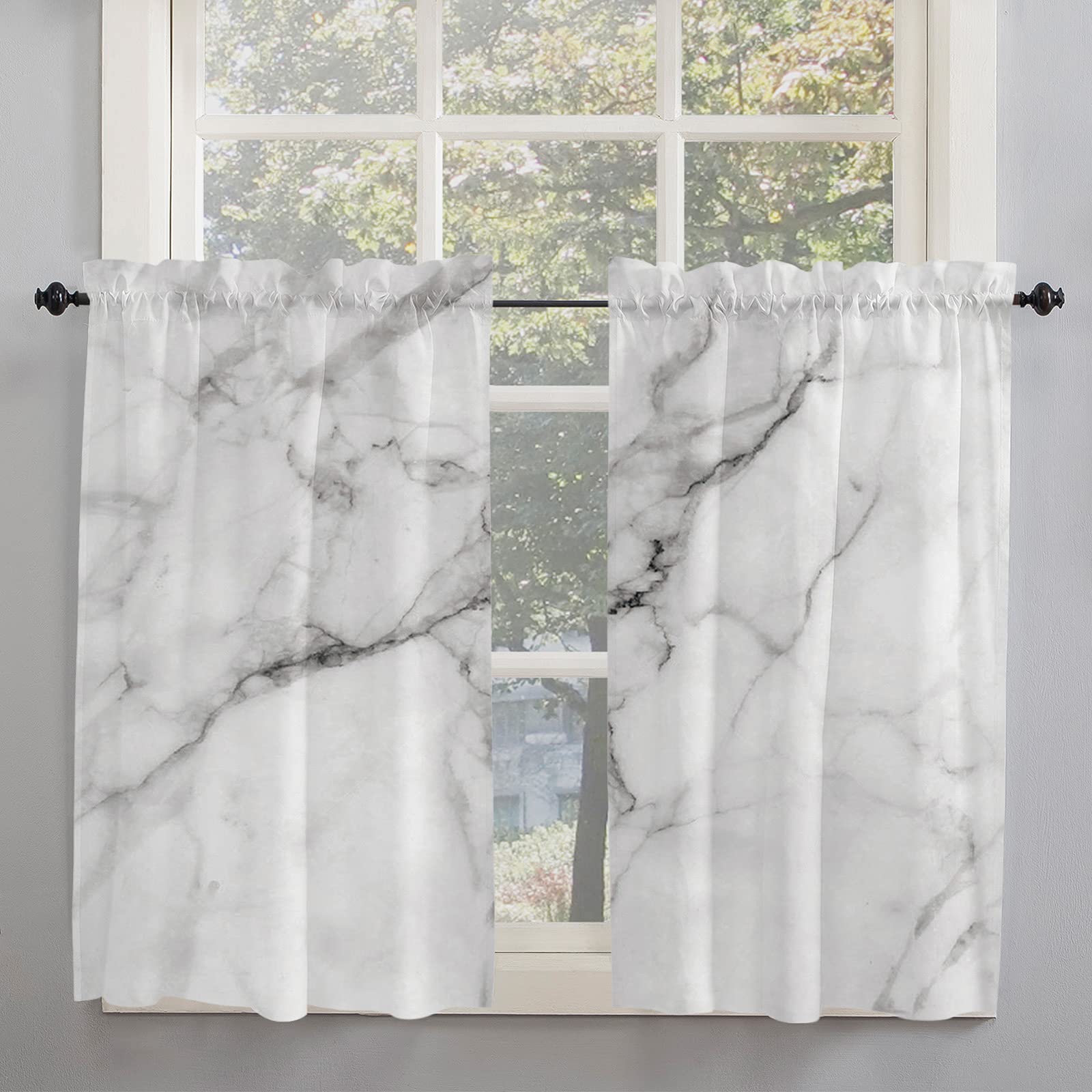 Marble Crack Design Window Curtains 55''x45'' - Set of 2 Panels, Rod Pocket Kitchen Drapes for Half Windows, White Bathroom & Cafe Curtains - Perfect for Small Kitchens, Bathrooms, and Cozy Cafés