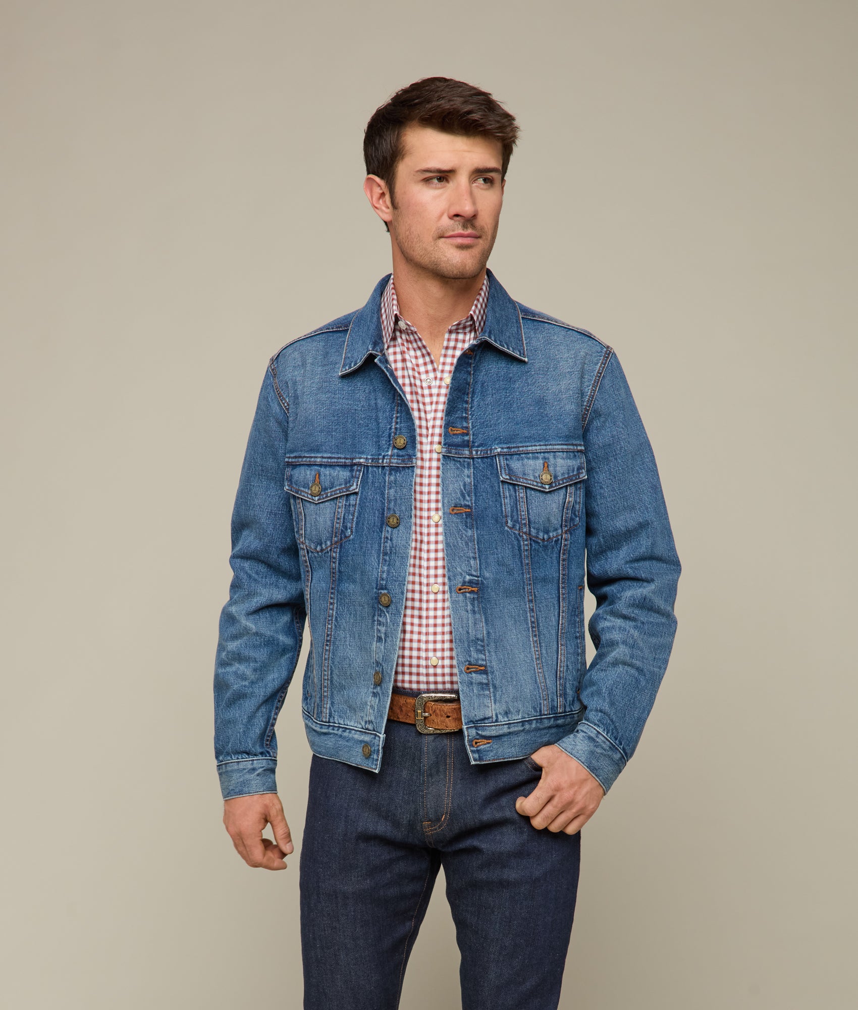 Earl Denim Trucker Jacket for Men - Vintage Saddleback Blue Denim Jacket, Classic Fit, Distressed Wash | Perfect for Casual Outfits, Streetwear, and Layering in Fall & Spring