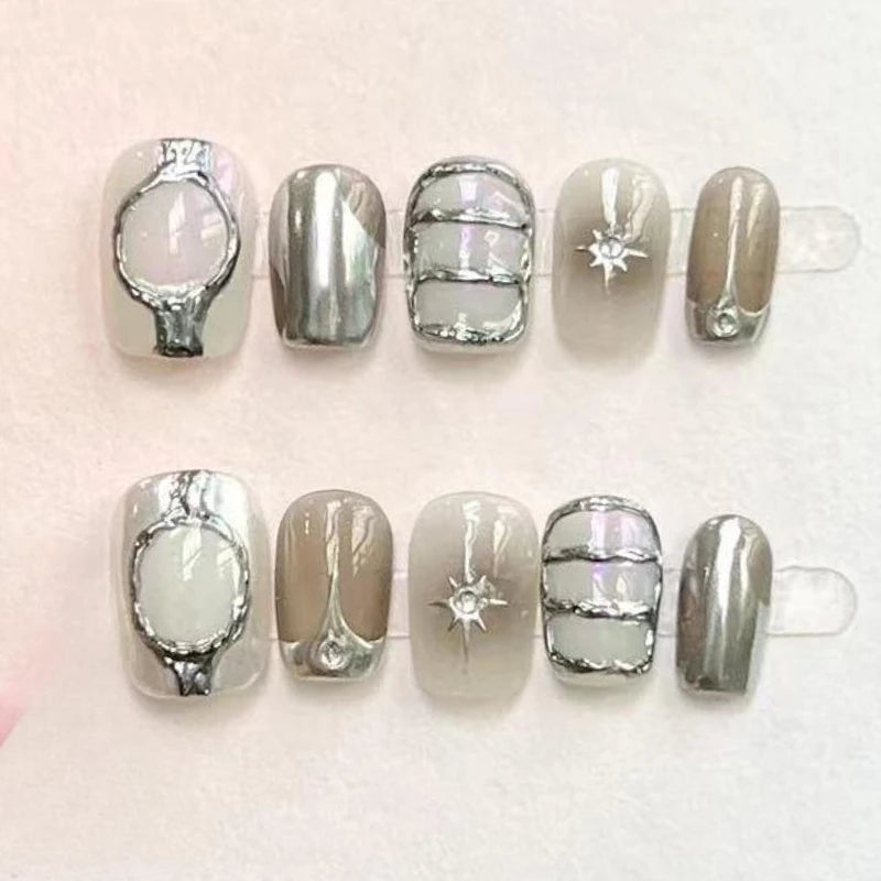 10Pcs Handmade Short Square Fake Nails - French Gold Flower Cat Eye Press on Nails Full Cover with Sun Moon Starlight Design | Wearable Manicure for Parties, Weddings & Special Occasions
