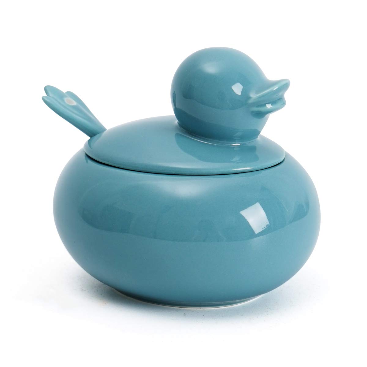 Ceramic Sugar Bowl with Spoon and Lid - Cute Duck Farmhouse Style Seasoning & Salt Storage Jar - Turquoise Blue - Perfect for Coffee, Tea, Baking & Kitchen Decor