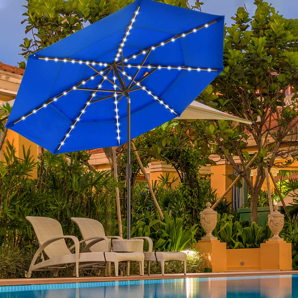 EliteShade USA 9ft Solar Powered 3-Tier Patio Umbrella with 80 LED Lights - Royal Blue Outdoor Market Umbrella with Ventilation & 5-Year Fade Resistant Canopy - Perfect for Backyard, Poolside, Restaurant & Outdoor Dining Areas