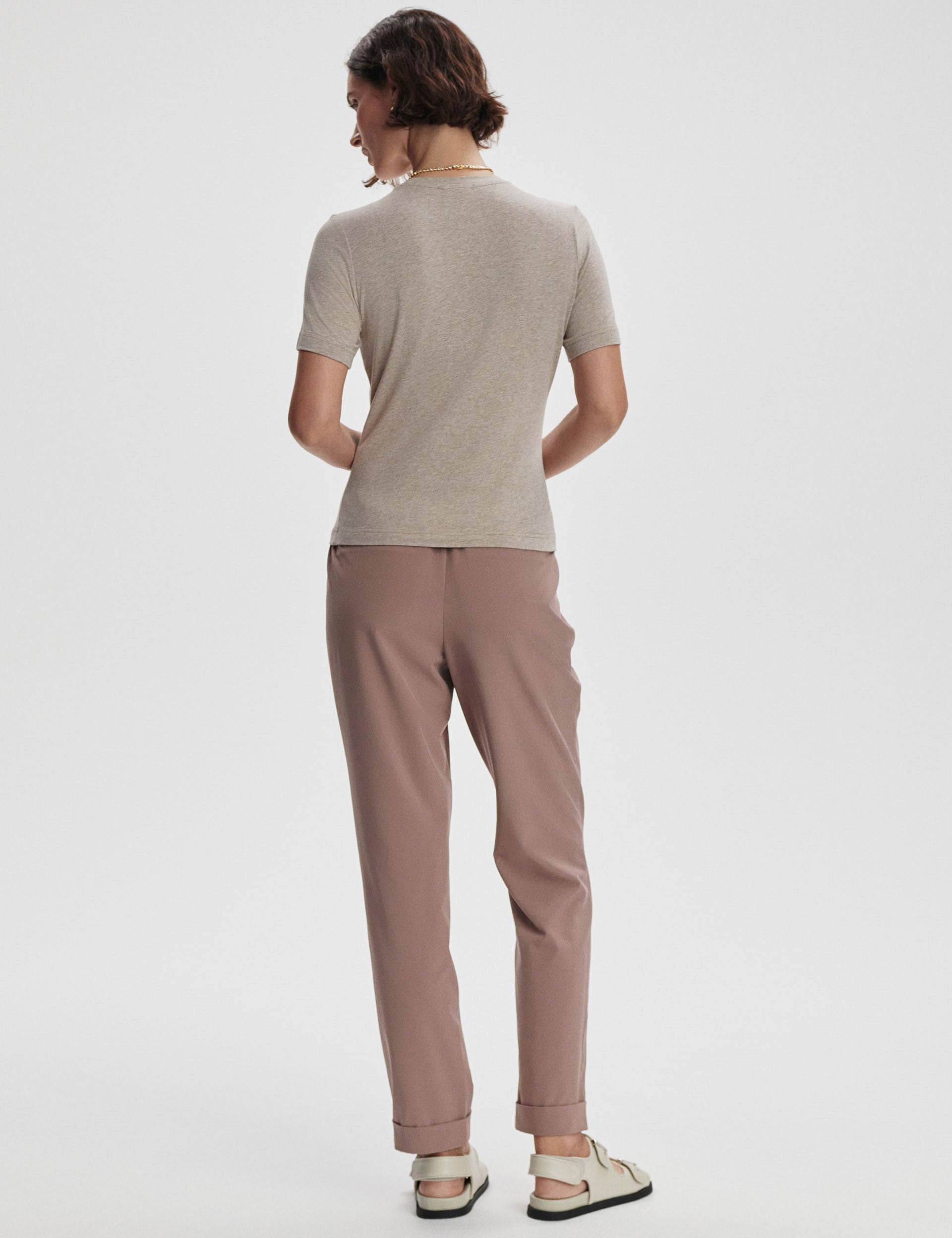 Regina Fitted Tee - Soft Taupe Marl Women's T-Shirt | Slim Fit Casual Top for Everyday Wear & Layering