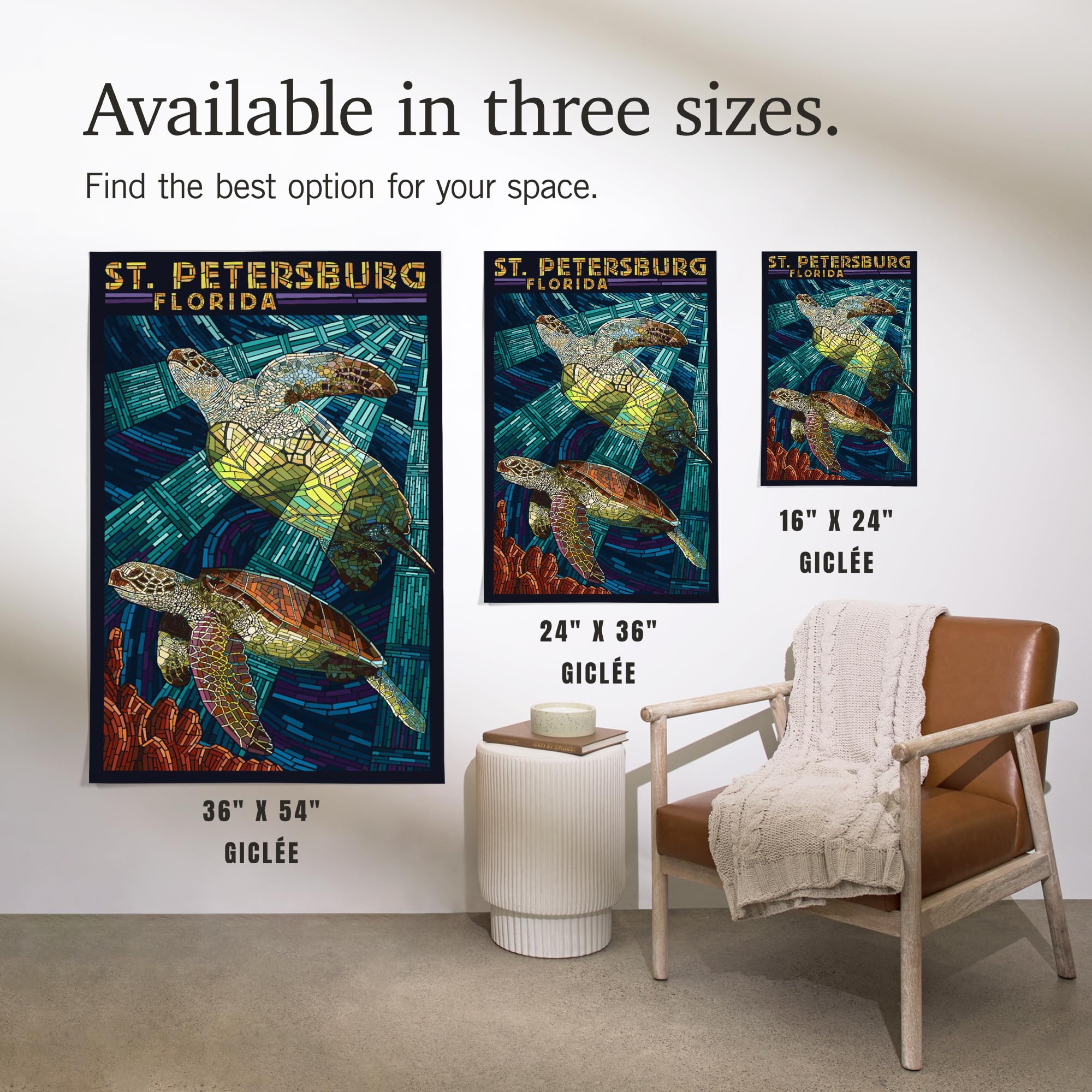 Lantern Press 36x54 Inch Giclee Art Print - St. Petersburg Florida Sea Turtle Mosaic Wall Decor | Premium Paper Art for Living Room, Bedroom & Office