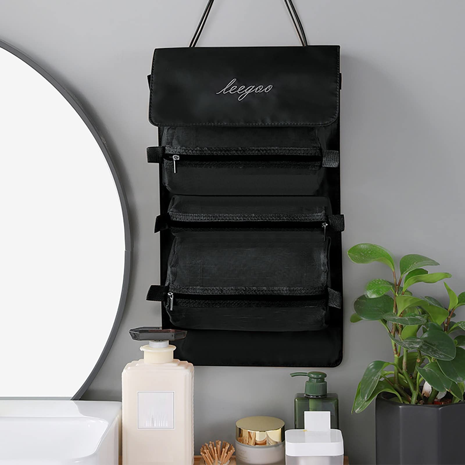 Luxula 4-in-1 Hanging Foldable Travel Cosmetic Organizer - Detachable Makeup Pouch & Toiletry Bag for Women (Black) | Perfect for Travel, Home Bathroom & Gym Organization
