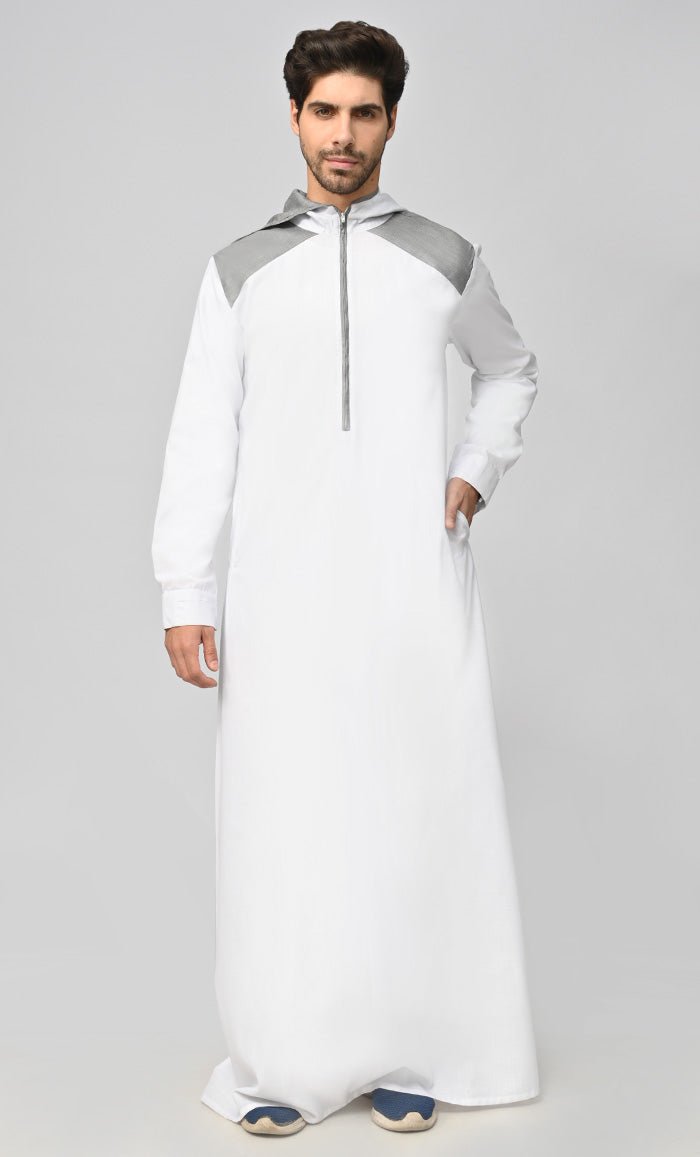 Men's Grey Contrasted Thobe Jubba with Pockets & Hood - Islamic Prayer Robe, Eid Outfit, Muslim Traditional Dress for Daily Wear & Special Occasions