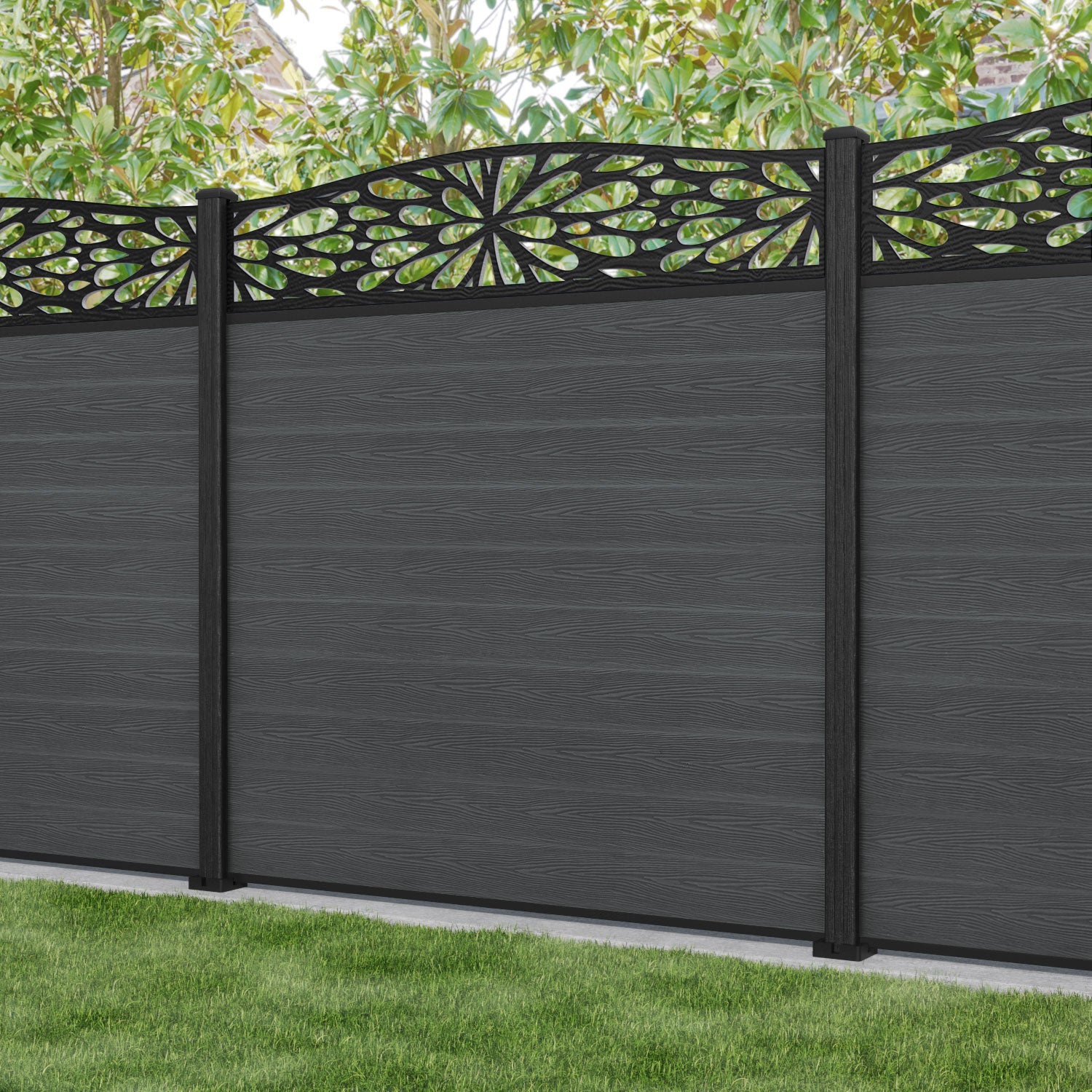 Classic Blossom Curved Top Fence Panel - Dark Grey Composite Privacy Fence with Sturdy Posts | Perfect for Backyard, Garden, and Patio Decoration