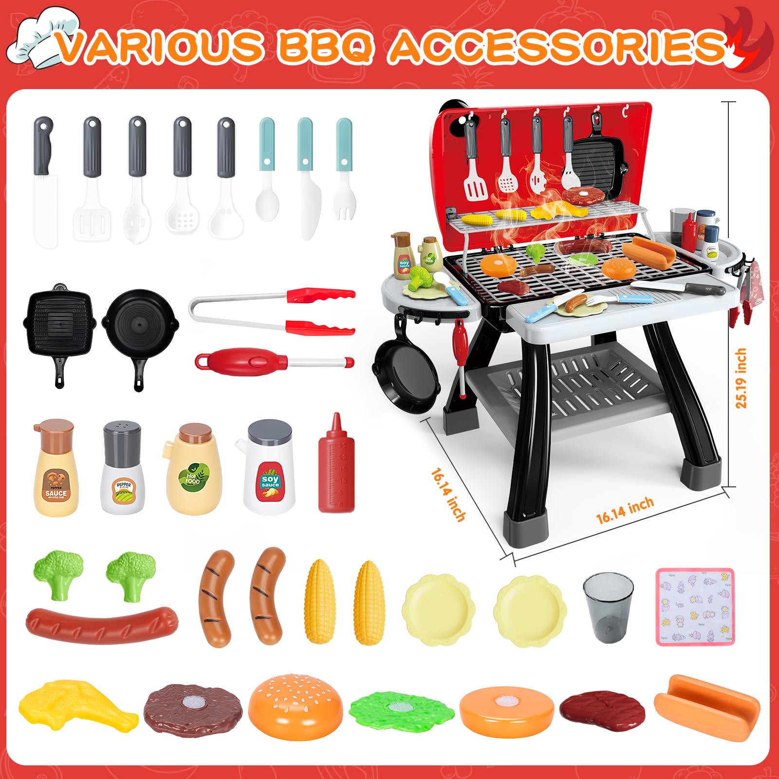 **Kids Play Kitchen Toys - Realistic BBQ Grill Playset with Smoke, Sound & Light | Pretend Cooking Set with Play Food | 2-Layer Outdoor Barbecue Toy for Toddlers (Boys & Girls Ages 3-5) | Perfect for Indoor & Outdoor Imaginative Play**