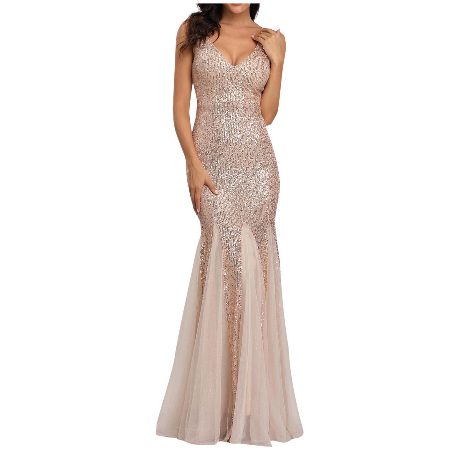 UIKMNH Women's Sequin Formal Dress - Sleeveless Bodycon Fishtail Evening Gown with V-Neck in Gold | Perfect for Prom, Cocktail Parties, Weddings & Special Occasions